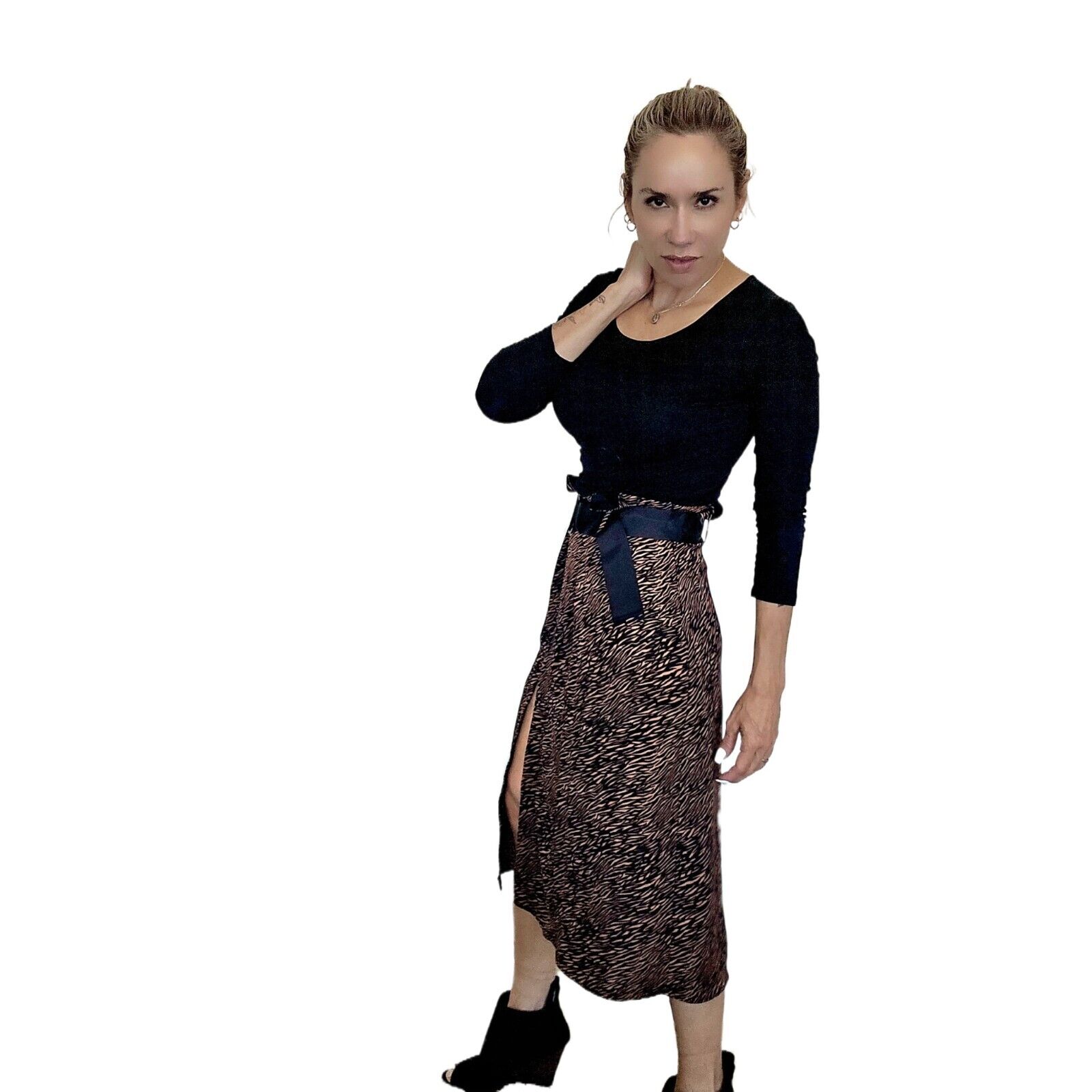 ZARA Animal Print Midi Skirt with Belt - Size XS – Flowy Black & Brown
