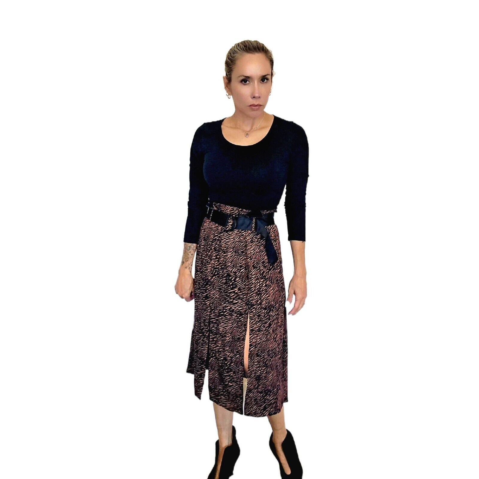 ZARA Animal Print Midi Skirt with Belt - Size XS – Flowy Black & Brown
