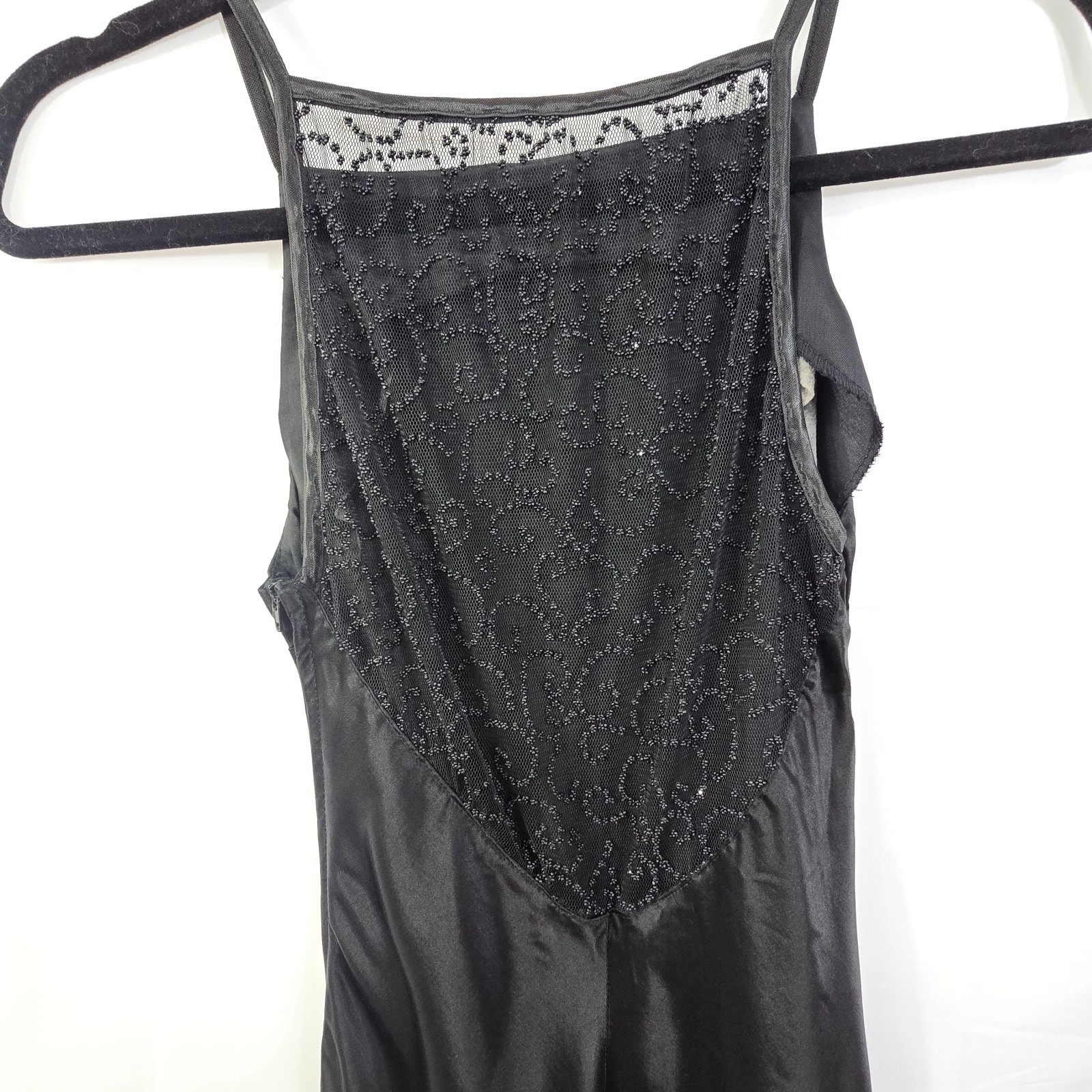 Roberta Vintage 1990s Black Satin Slip Dress Gown 5/6 Beaded Sheer Back