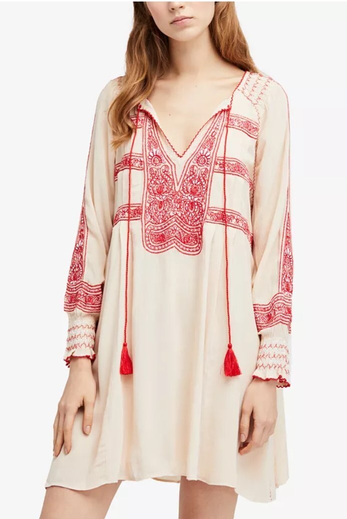 Free People Wind Willow Mini Peasant Dress for Women – Size L, Ivory and Red