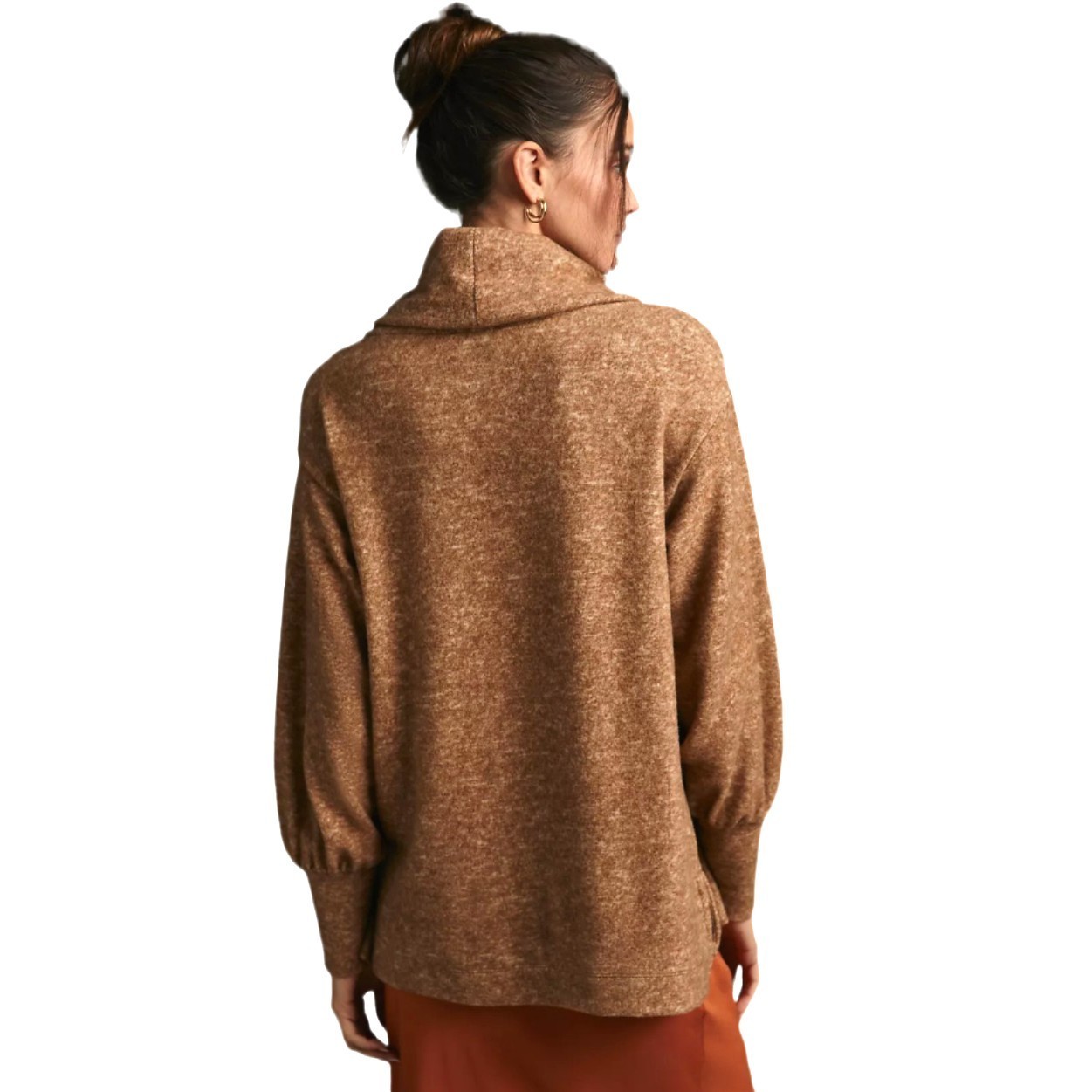 Maeve Anthropologie Soft Knit Cowl Neck Sweater Tan Bishop Sleeve Size L