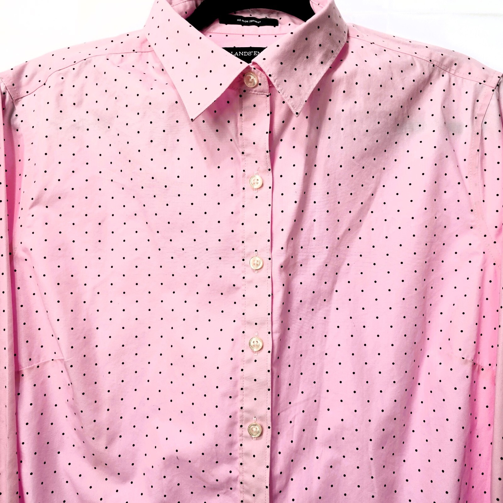 Lands' End Women's No Iron Shirt – Pink/Brown Polka Dots – Size 16P