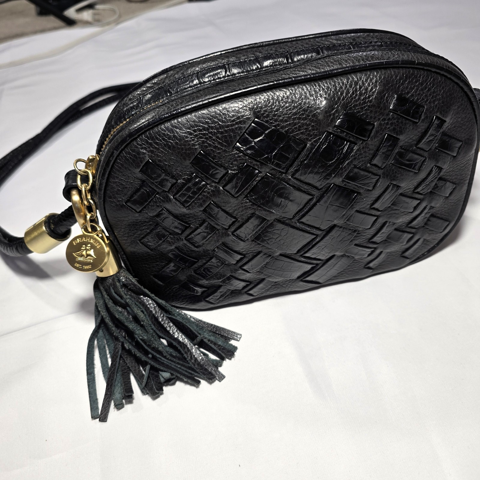 Brahmin Black Leather Multi-Texture Crossbody Bag, Gold Hardware, Key Clip