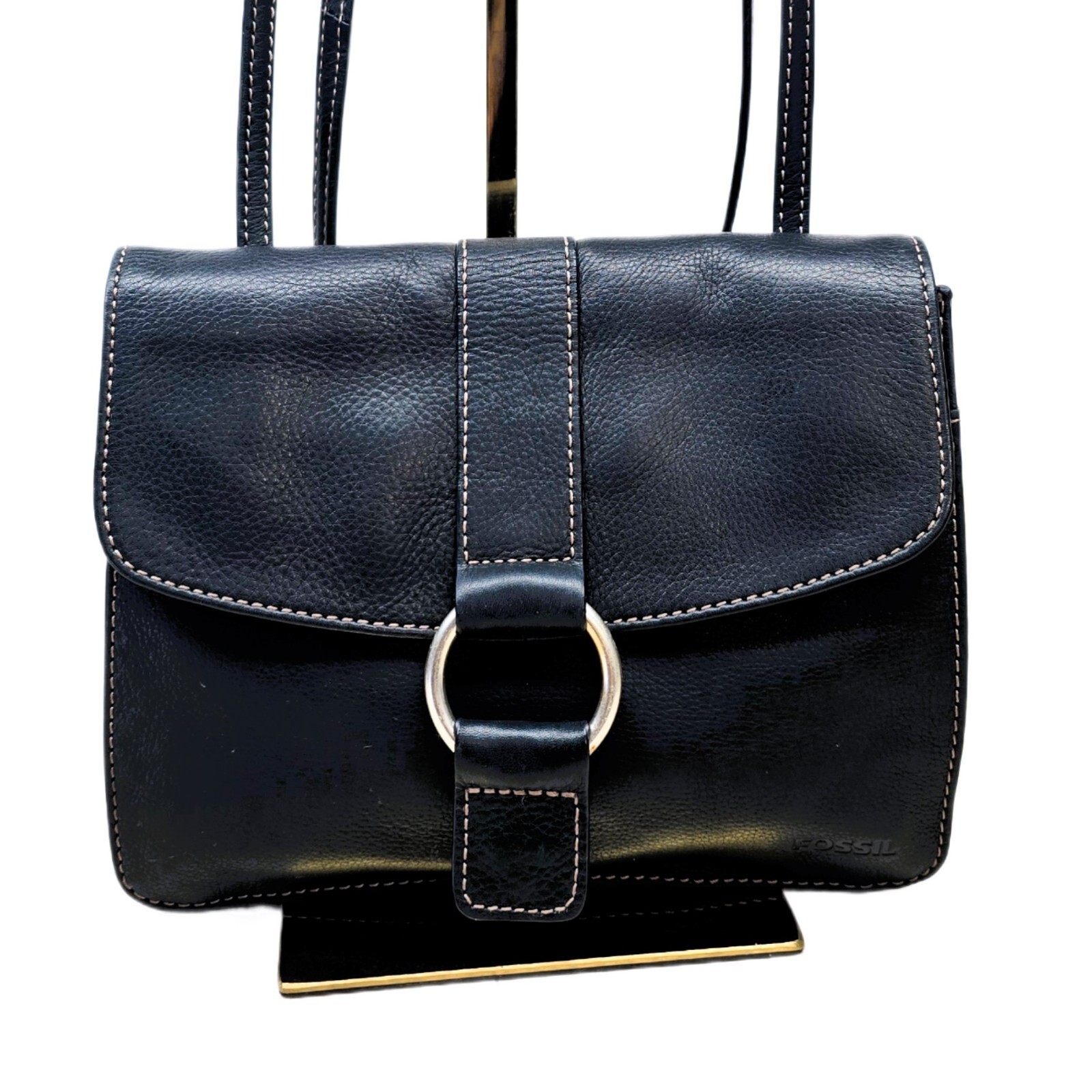 Fossil Pebble Black Leather Crossbody Wallet Purse – Genuine Leather