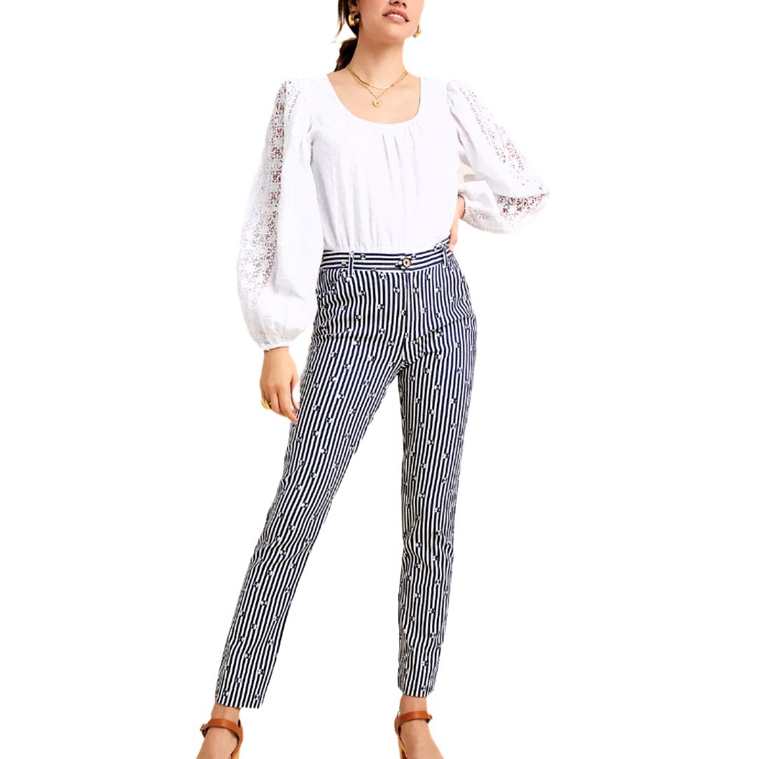 Anthropologie Stripe Floral Slim Pants Women’s 4 Blue White High Rise