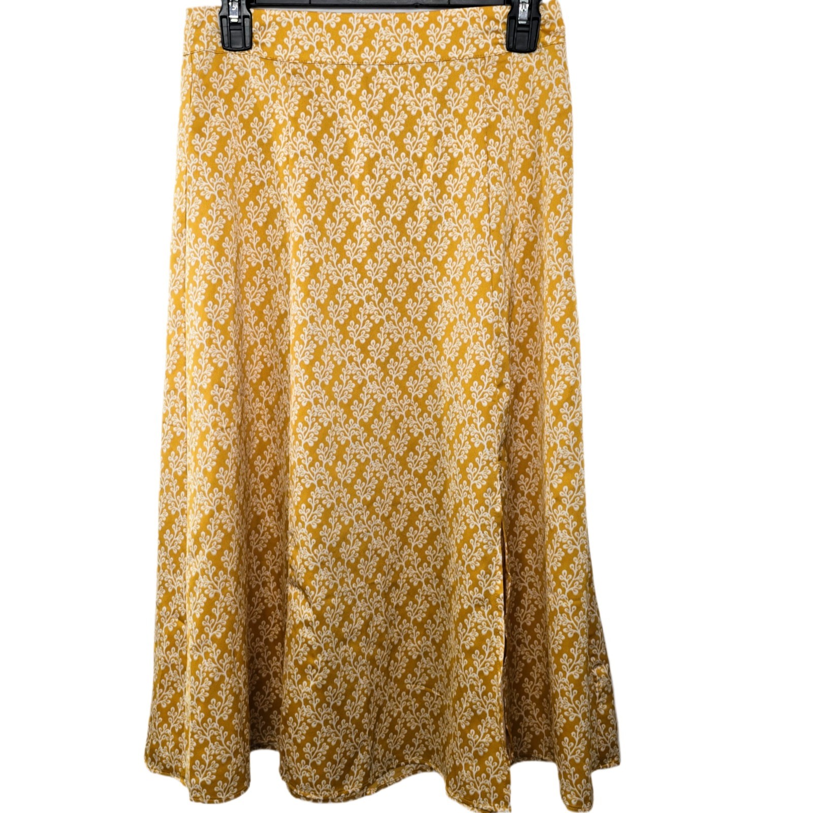LOFT Gold Floral Satin Midi Skirt Size 0 A-Line Front Slit Yellow White Floral