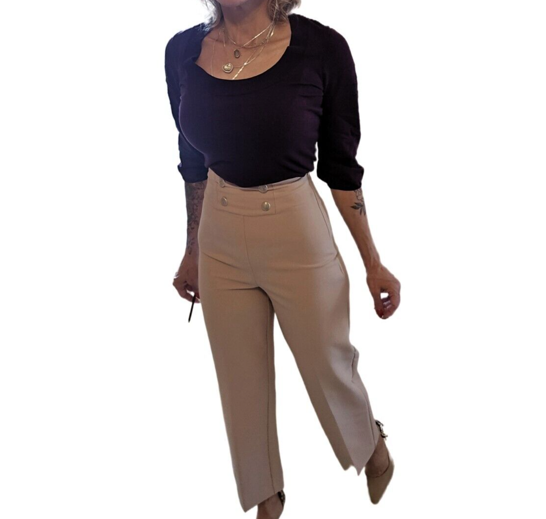 Zara Women's High Waisted Beige Trousers With Button Waist Detail - Size S