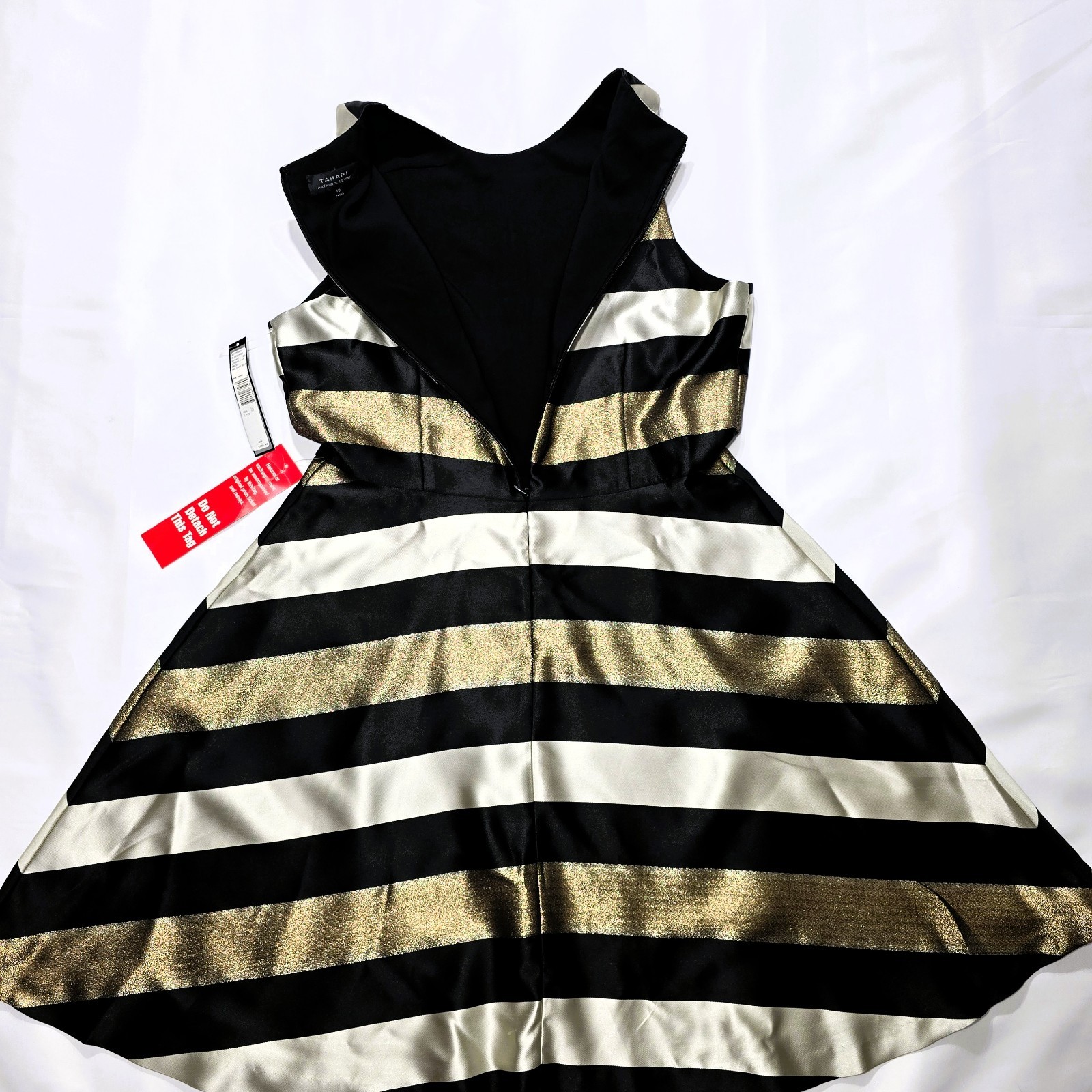 NWT TAHARI Women’s Sleeveless Striped Gold Black Fit & Flare Dress Sz 10