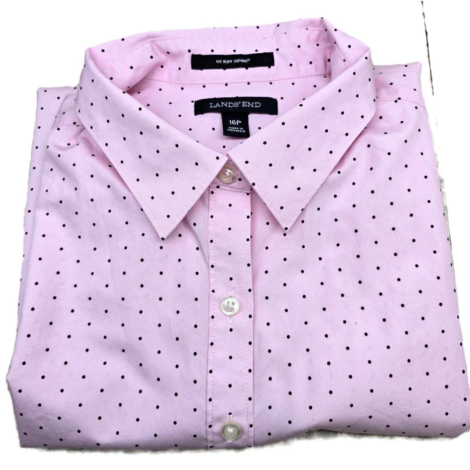 Lands' End Women's No Iron Shirt – Pink/Brown Polka Dots – Size 16P