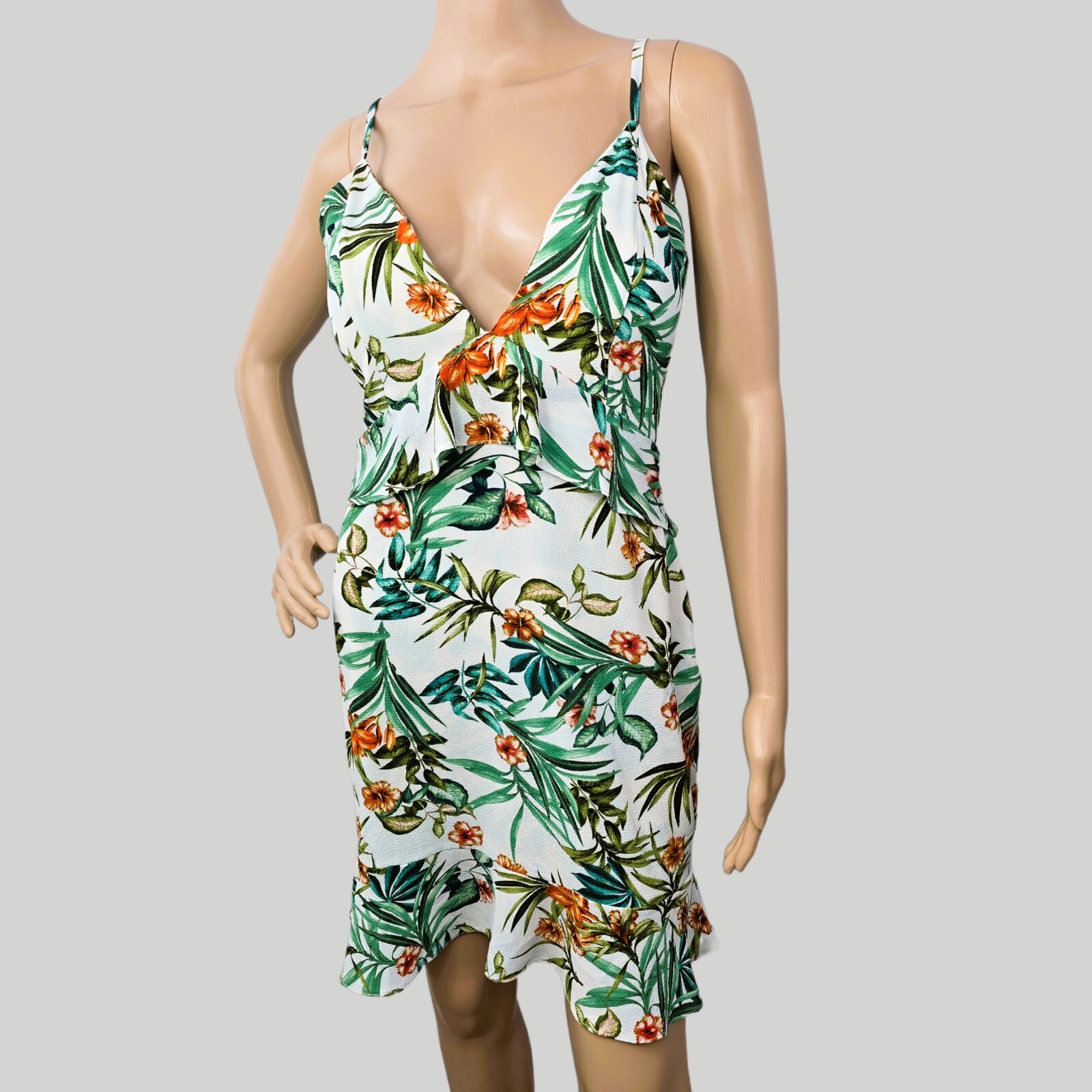 Duplo Sentido Brazilian Tropical Leaf Floral V-Neck Mini Dress M
