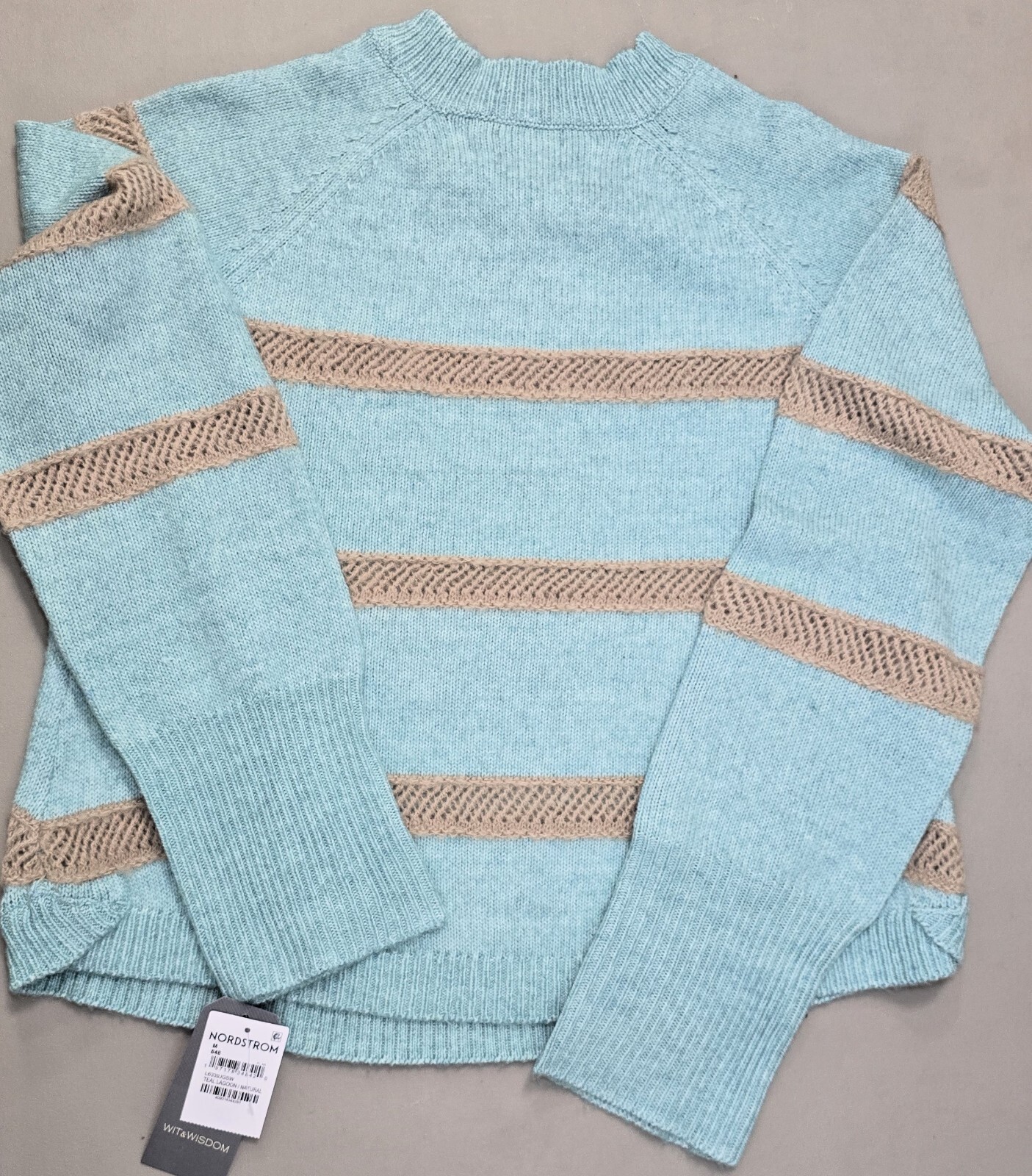 Wit & Wisdom Stripe V-Neck Sweater in Teal Lagoon/Natural - Size M