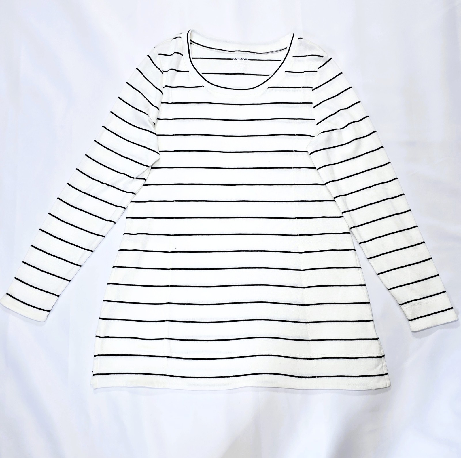 Chico’s Women’s White Black Striped Long Sleeve Tunic Top Pima Cotton Sz 1