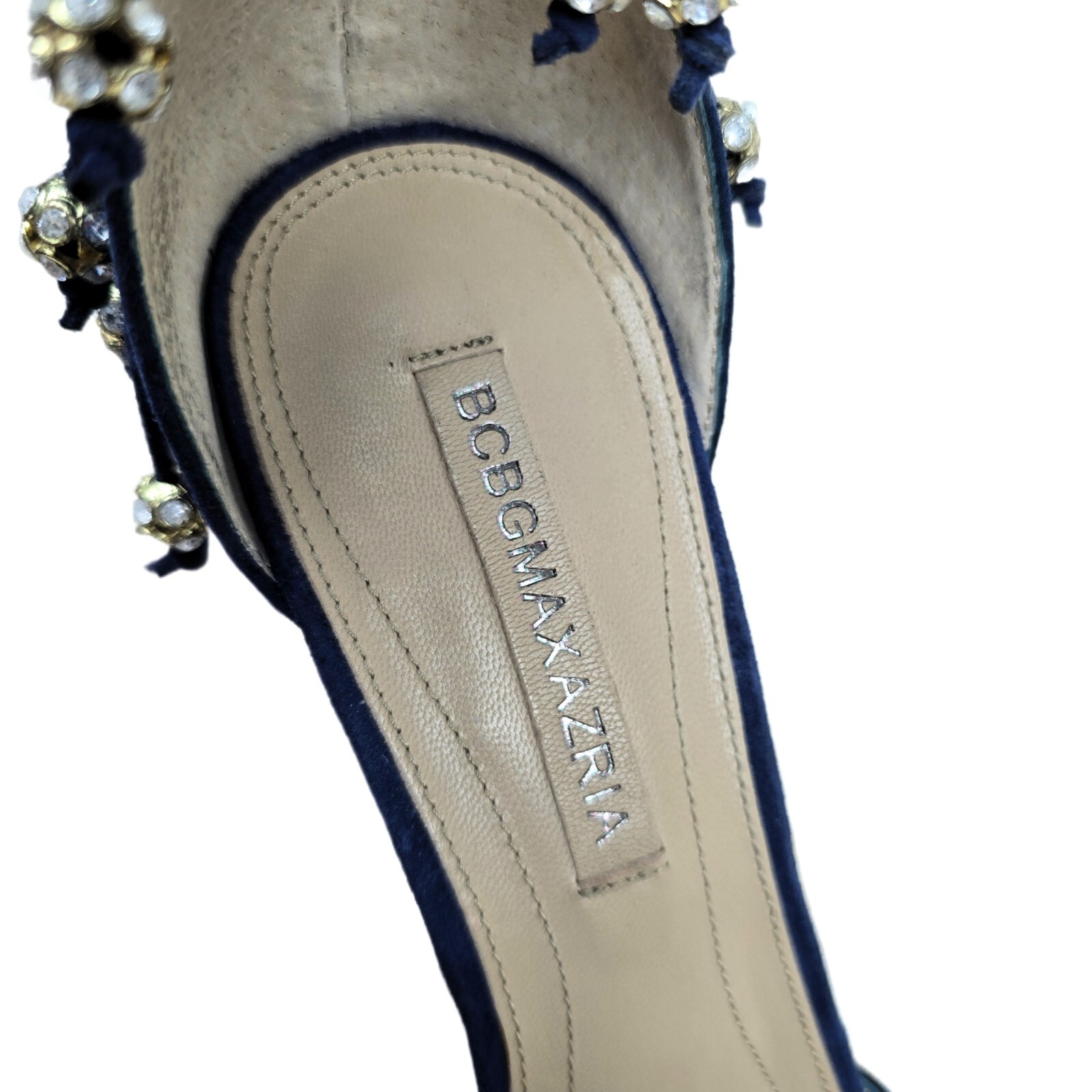 BCBG MAXAZRIA Women’s Size 8 Suede Heeled Sandals with Rhinestone Accents