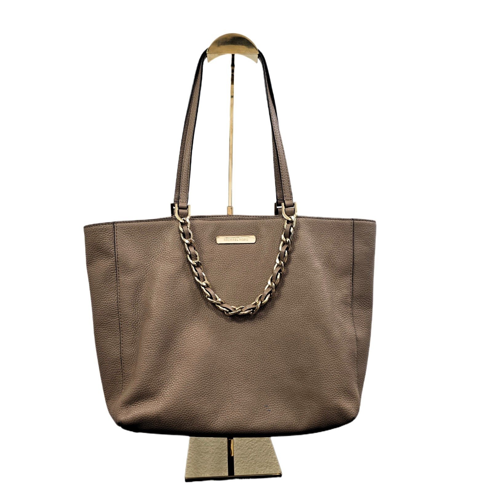 Michael Kors Harper Tote Large Khaki Shoulder Bag Leather Gold Chain MK