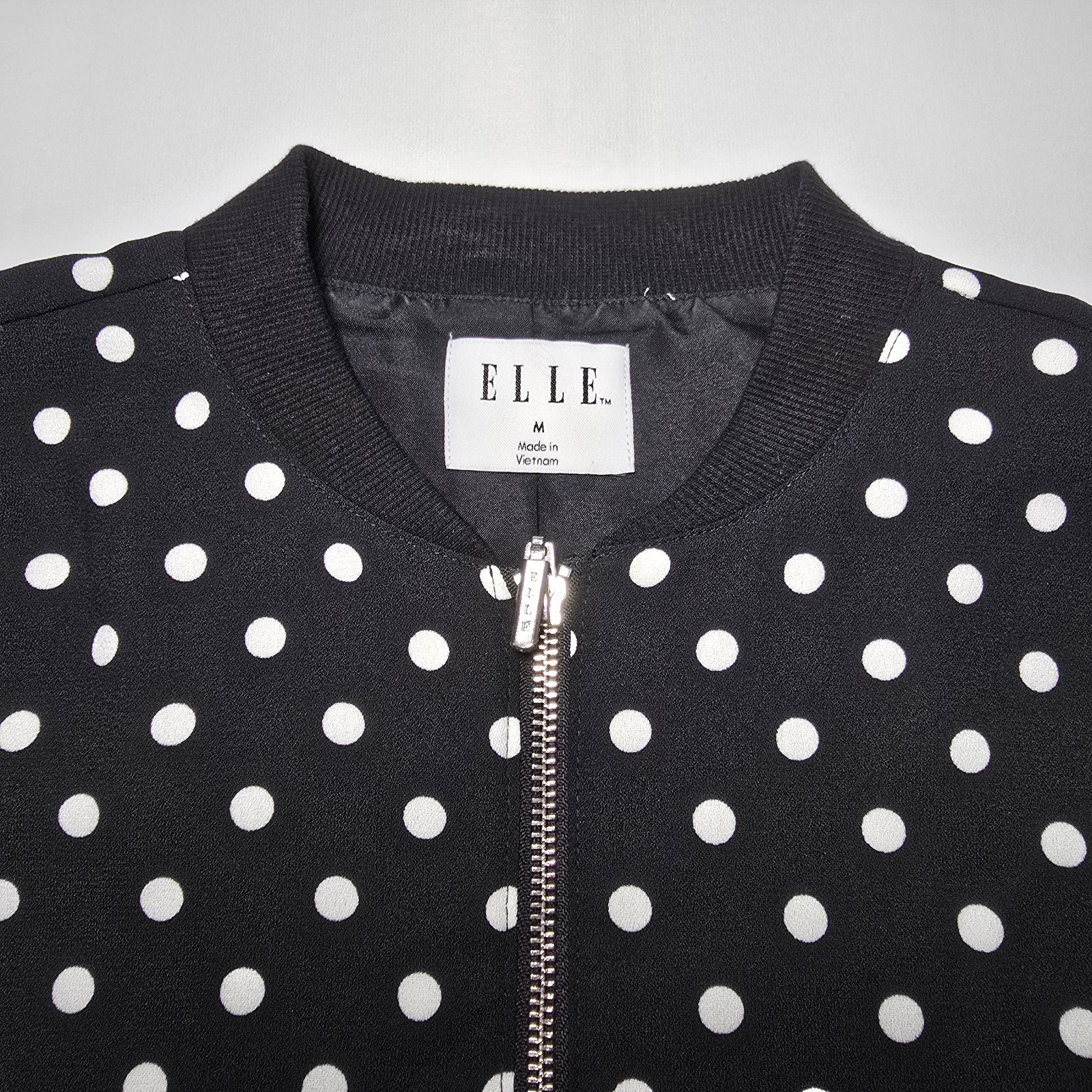 ELLE Womens Black White Polka Dot Bomber Jacket Medium Full Zip Pockets Lined