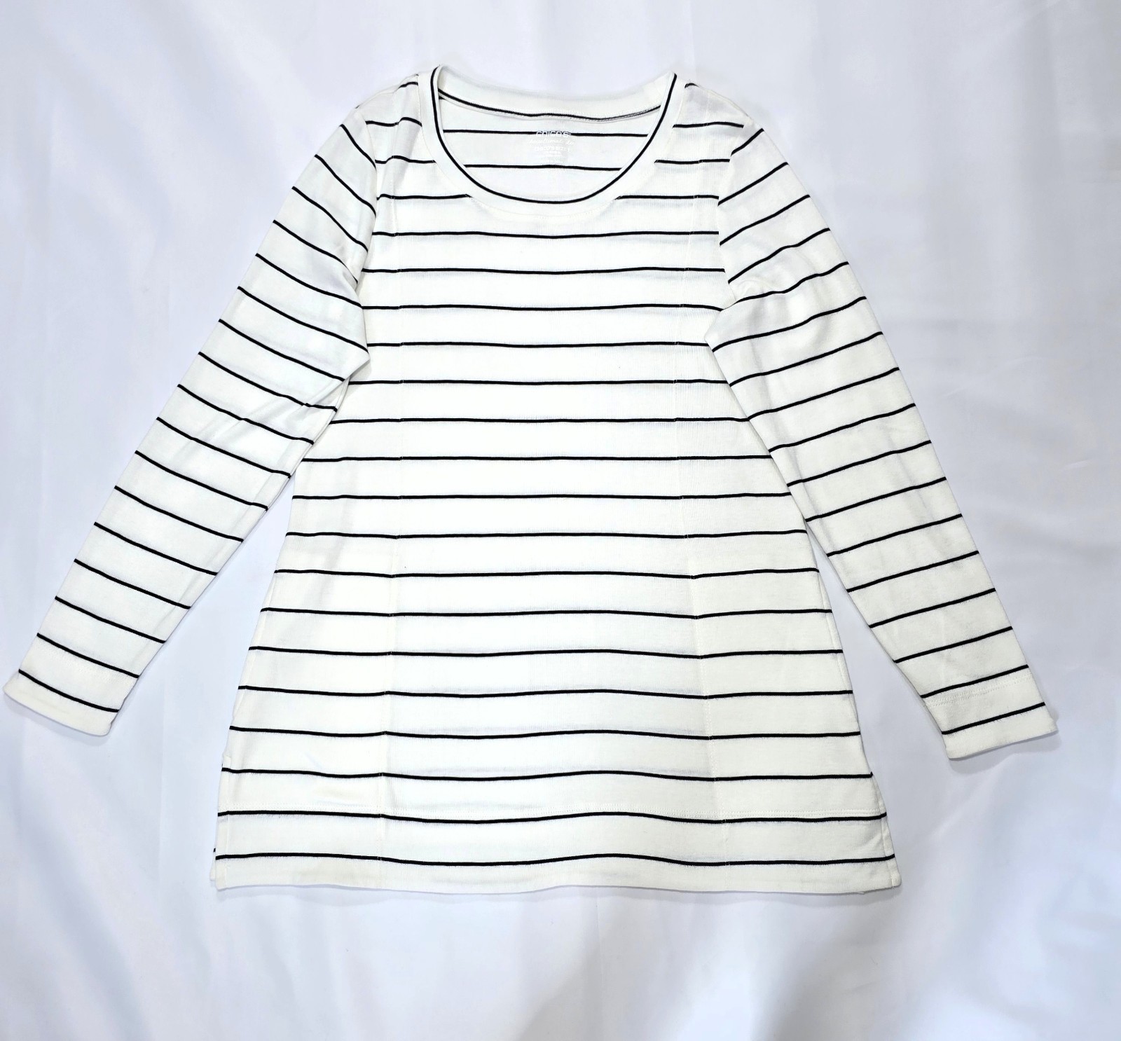 Chico’s Women’s White Black Striped Long Sleeve Tunic Top Pima Cotton Sz 1
