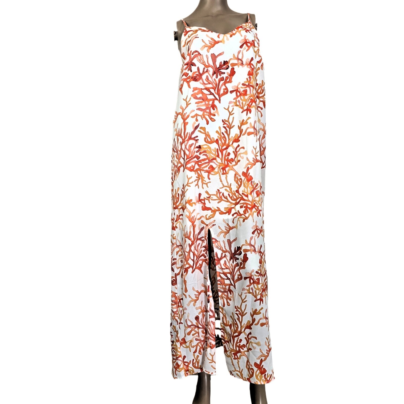 C&E Women's S Maxi Summer Dress Coral Print White Slit Lined Lightweight