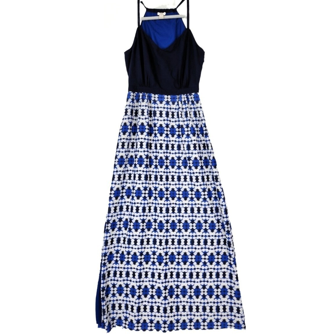 J.CREW Boho Maxi Dress 4 Blue Halter Geometric Print Summer Vacation