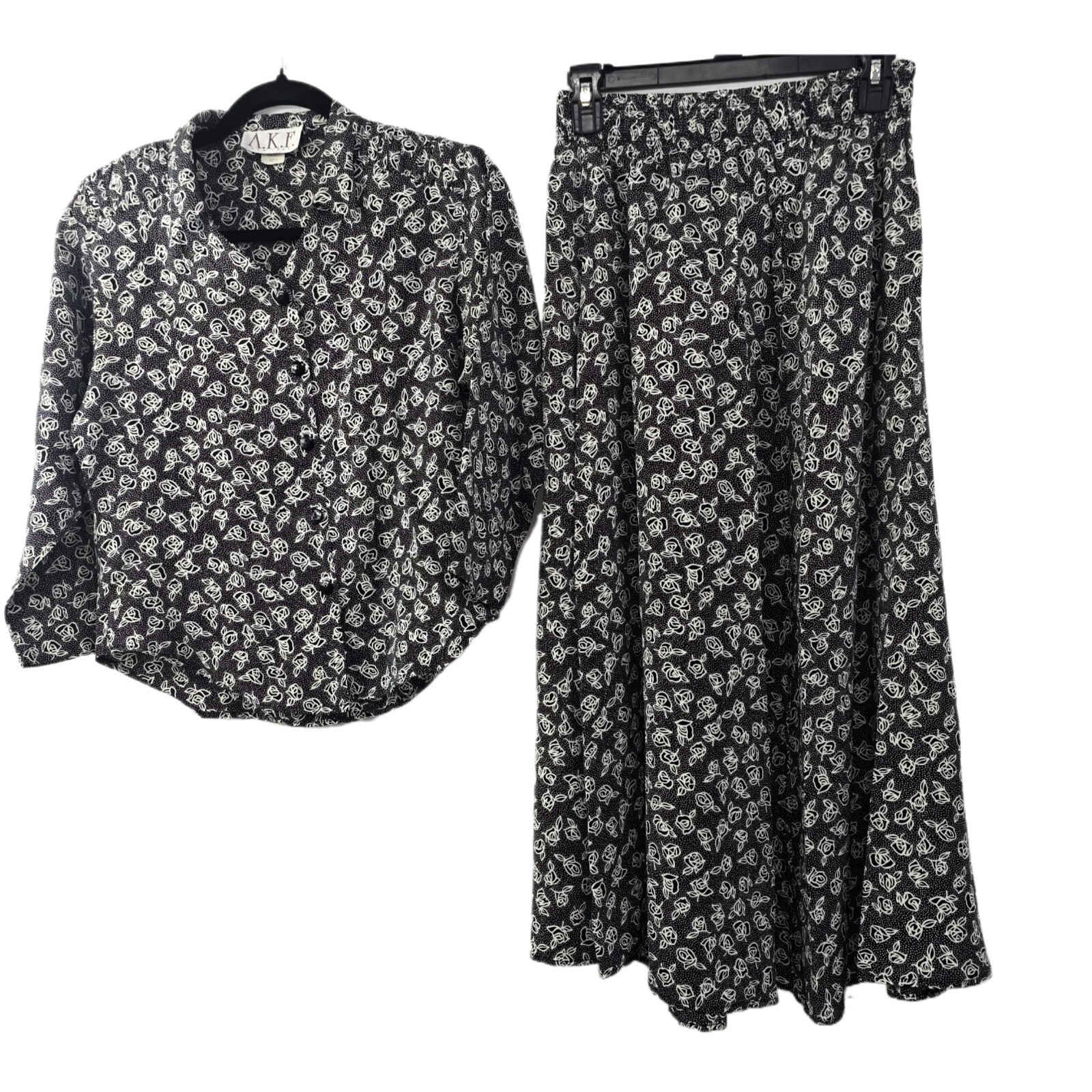 Vintage 80s AKF NY Floral Boho 2pc Set Maxi Skirt & Blouse Women's S Size 6