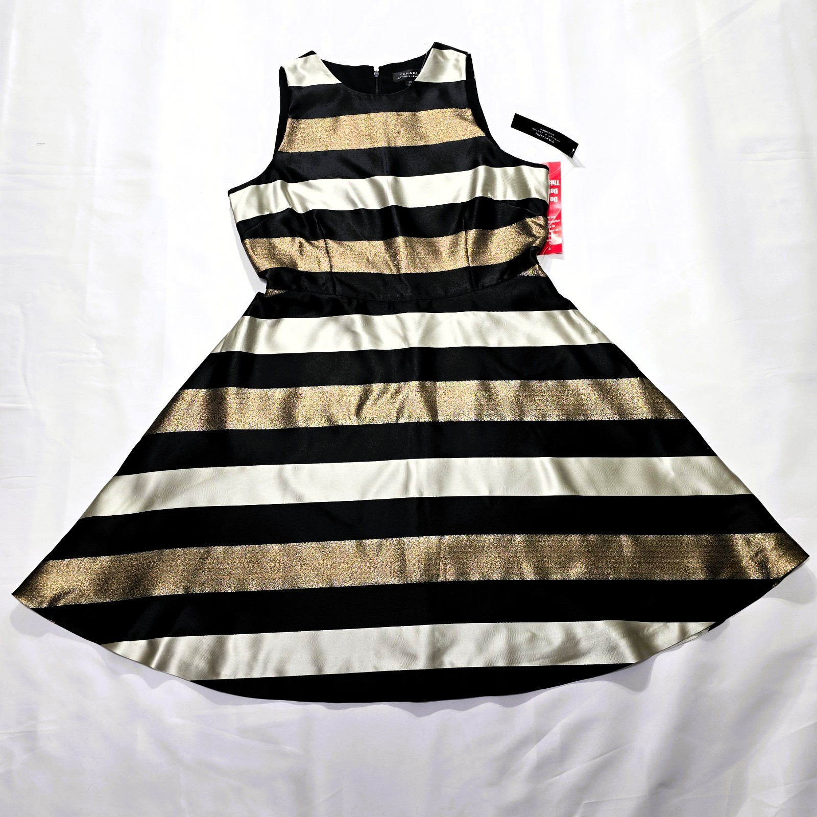 NWT TAHARI Women’s Sleeveless Striped Gold Black Fit & Flare Dress Sz 10