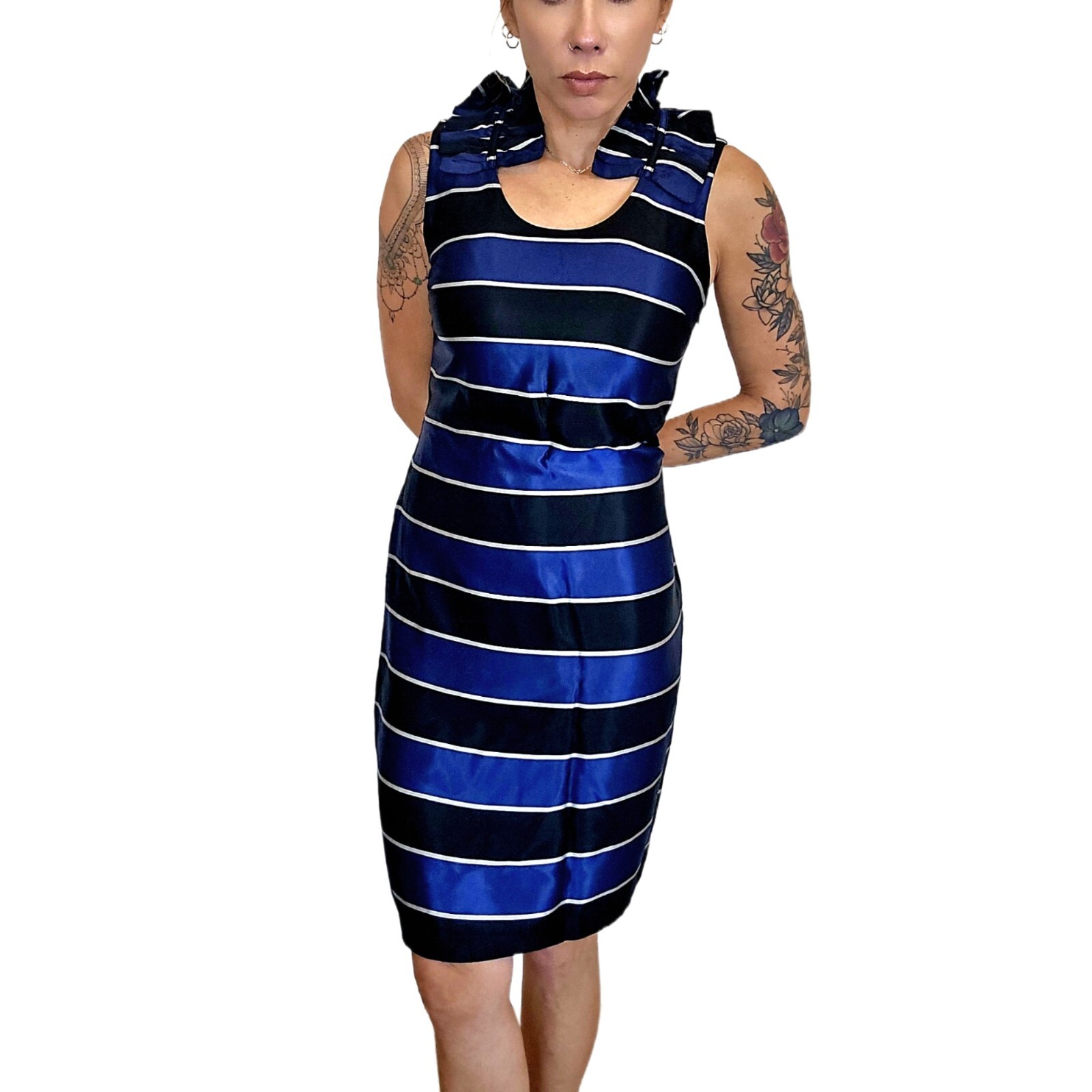 Banana Republic Women’s Size 6 Striped Shift Dress Navy Black Ruffle Neck Sleeve