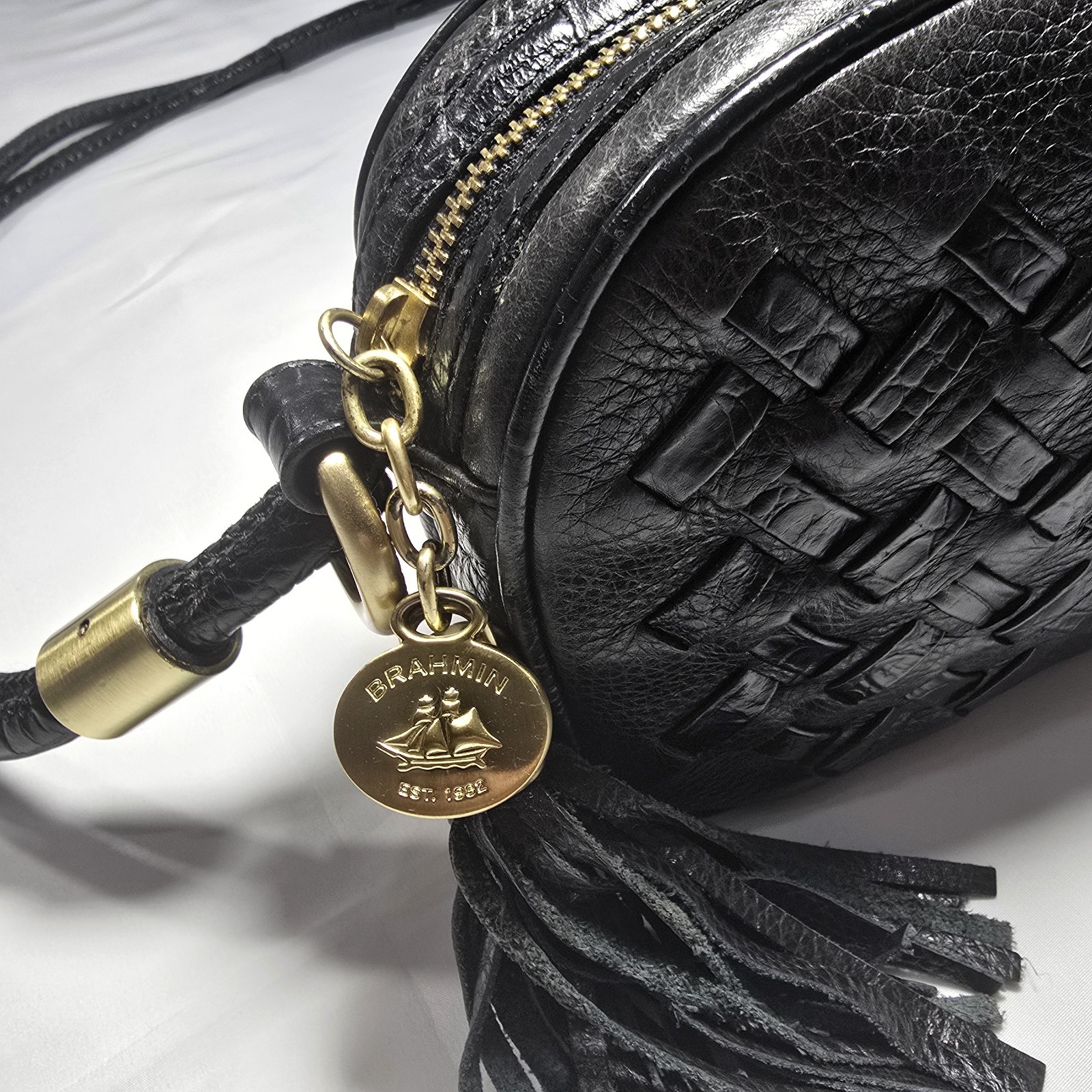 Brahmin Black Leather Multi-Texture Crossbody Bag, Gold Hardware, Key Clip