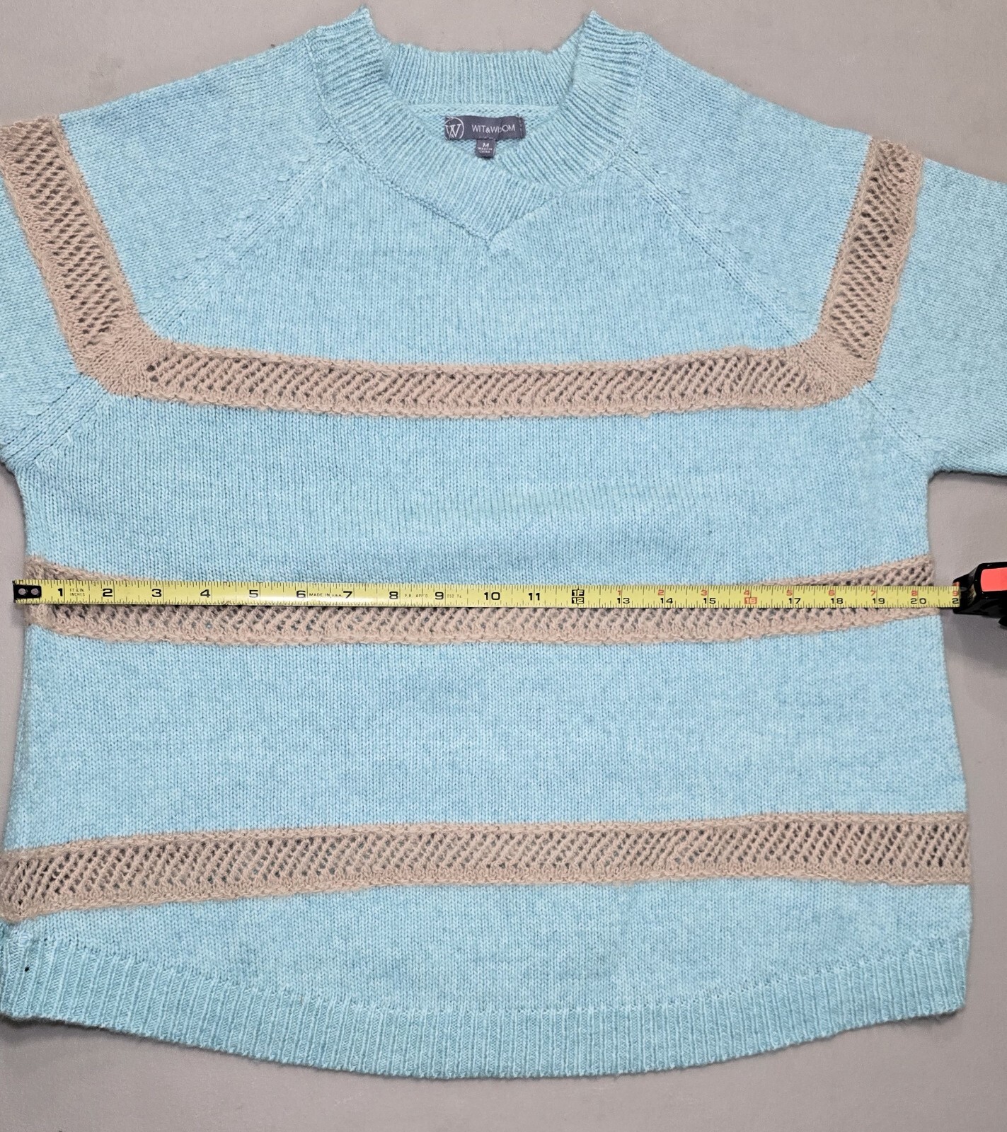 Wit & Wisdom Stripe V-Neck Sweater in Teal Lagoon/Natural - Size M