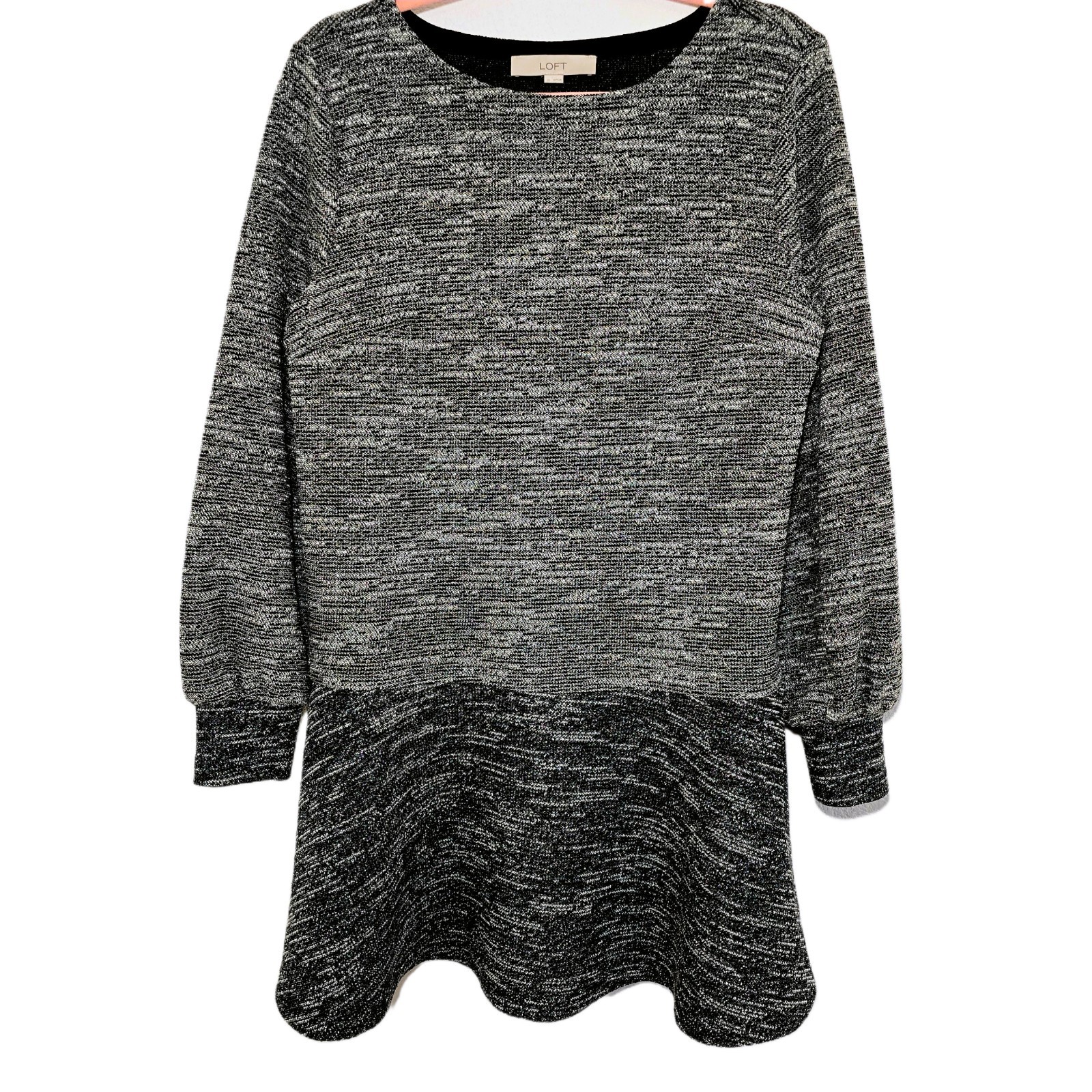 LOFT Women's Metallic Gray Sweater Dress, Medium, Balloon Sleeve, Fit & Flare