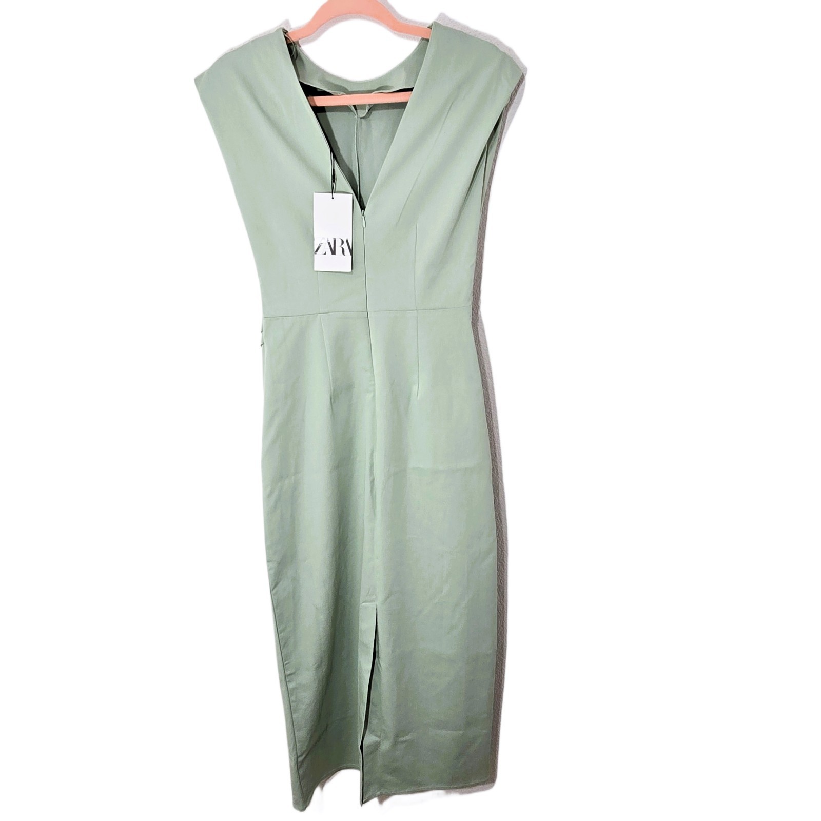 ZARA Women’s Green Sleeveless Pleated Waist Midi Dress Size S NWT
