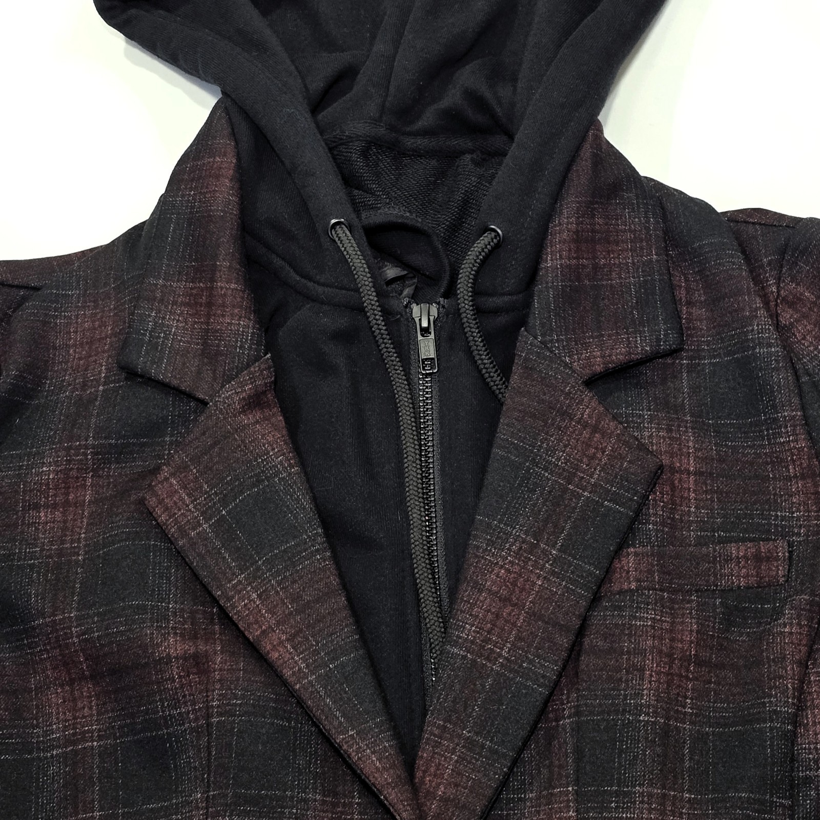 Liverpool LA Burgundy Plaid Boyfriend Blazer Size S with Removable Hoodie