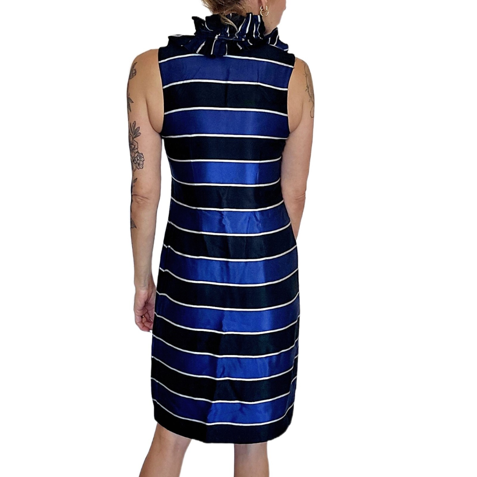 Banana Republic Women’s Size 6 Striped Shift Dress Navy Black Ruffle Neck Sleeve