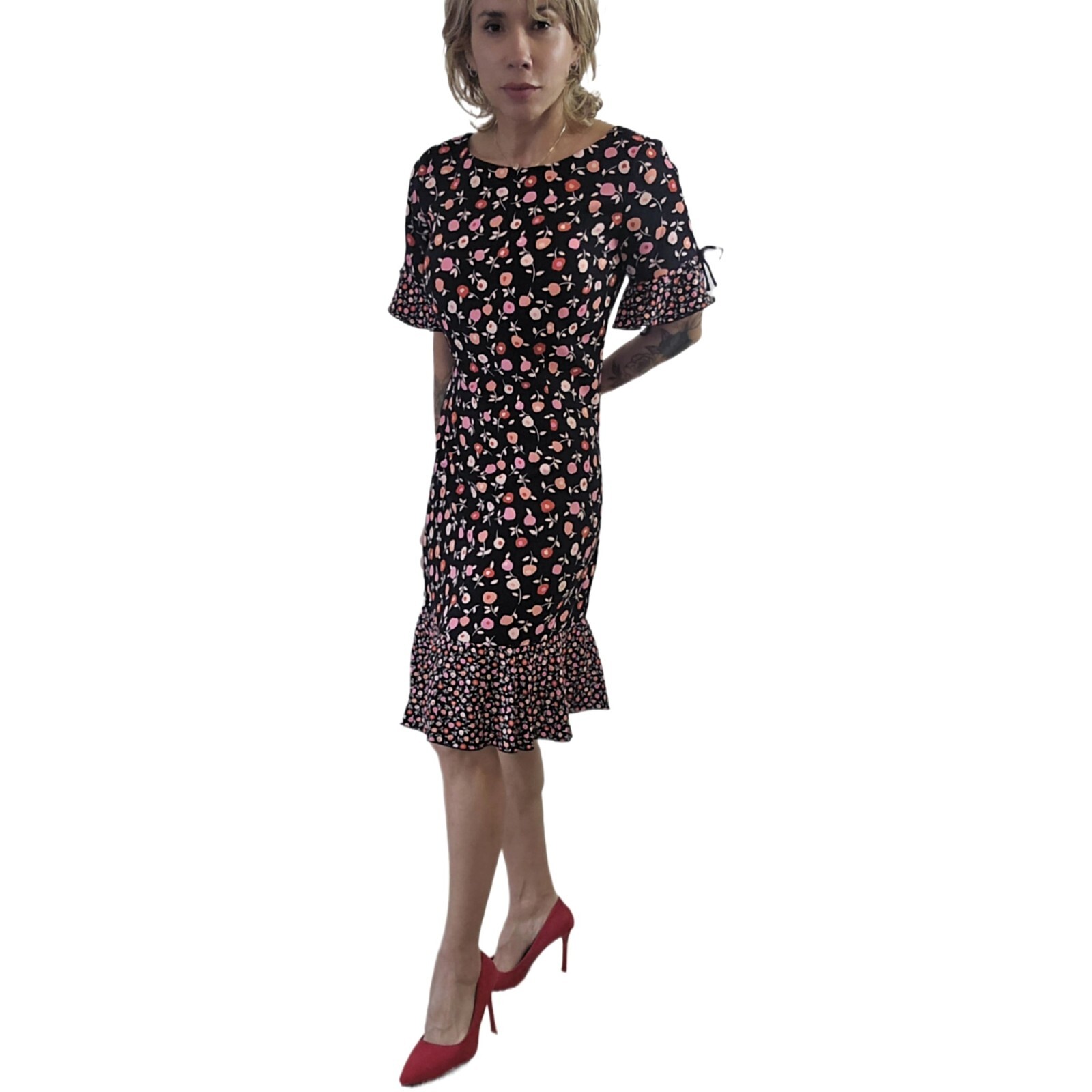 Talbots Women’s Floral Jewel Neck Shift Dress – Black with Ruffle Hem | Size 6