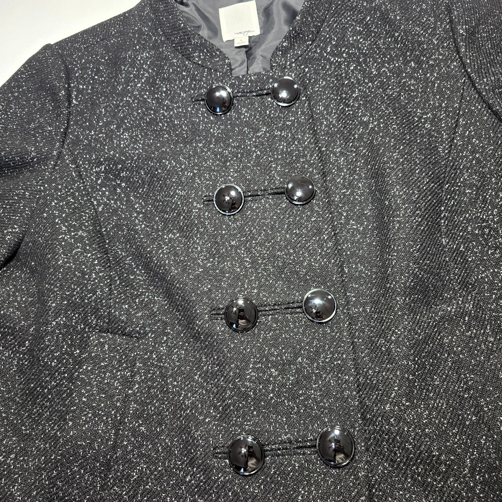 Halogen Virgin Wool Double-Breasted Black Silver Metallic Blazer Large