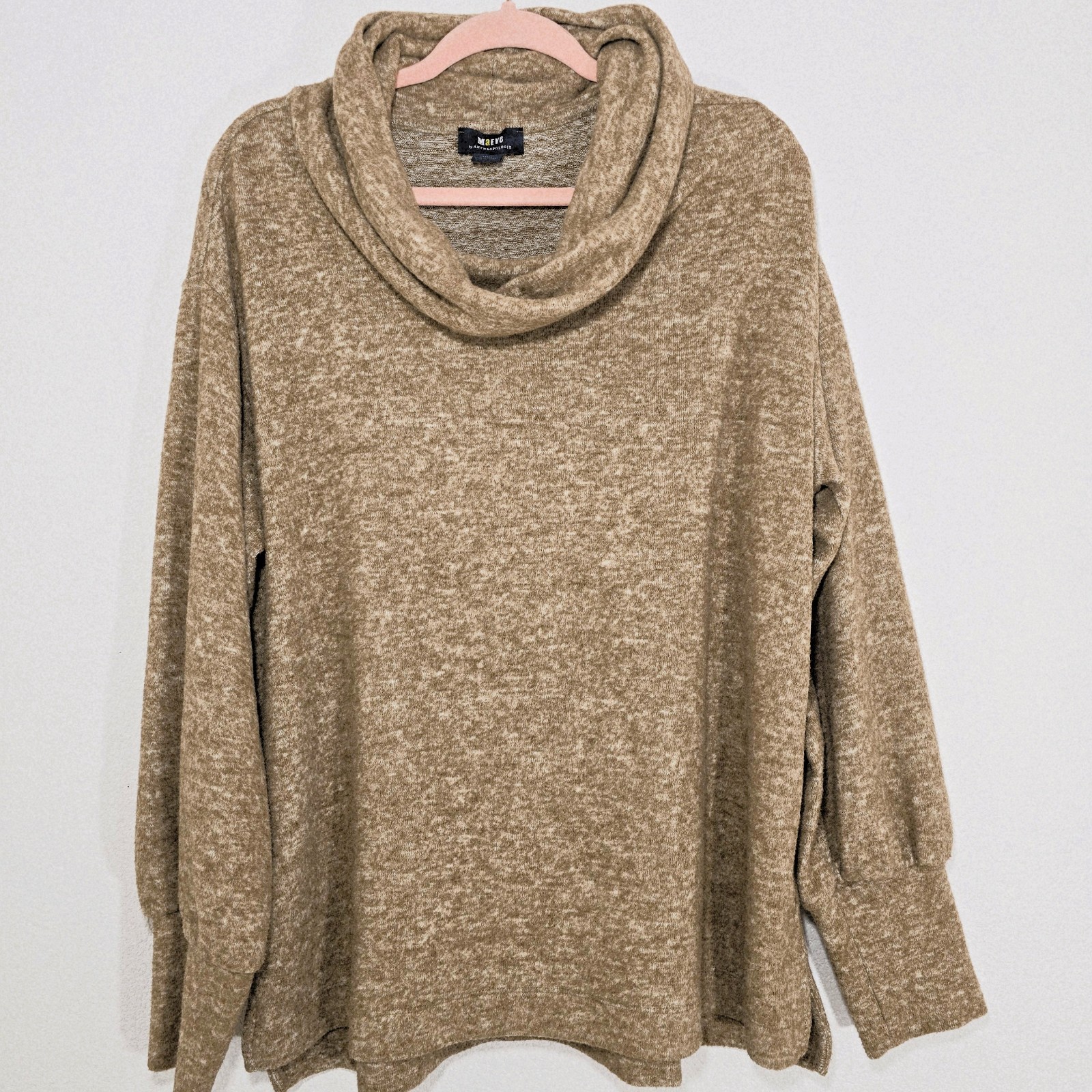 Maeve Anthropologie Soft Knit Cowl Neck Sweater Tan Bishop Sleeve Size L
