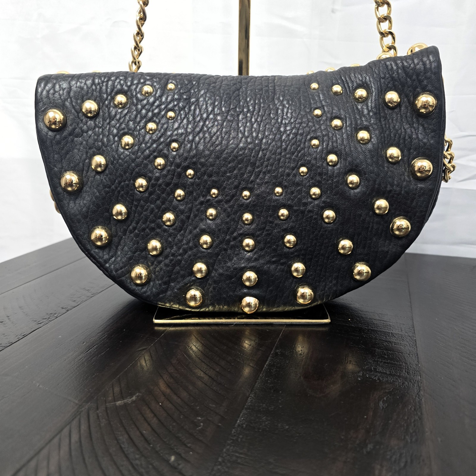 Badgley Mischka Black Leather Studded Crossbody Bag Chain Strap - Used