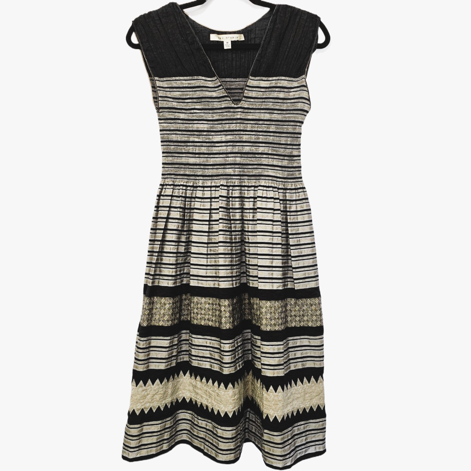 Max Studio Women's V-Neck Fit & Flare Dress M Black Gold Silver Metallic