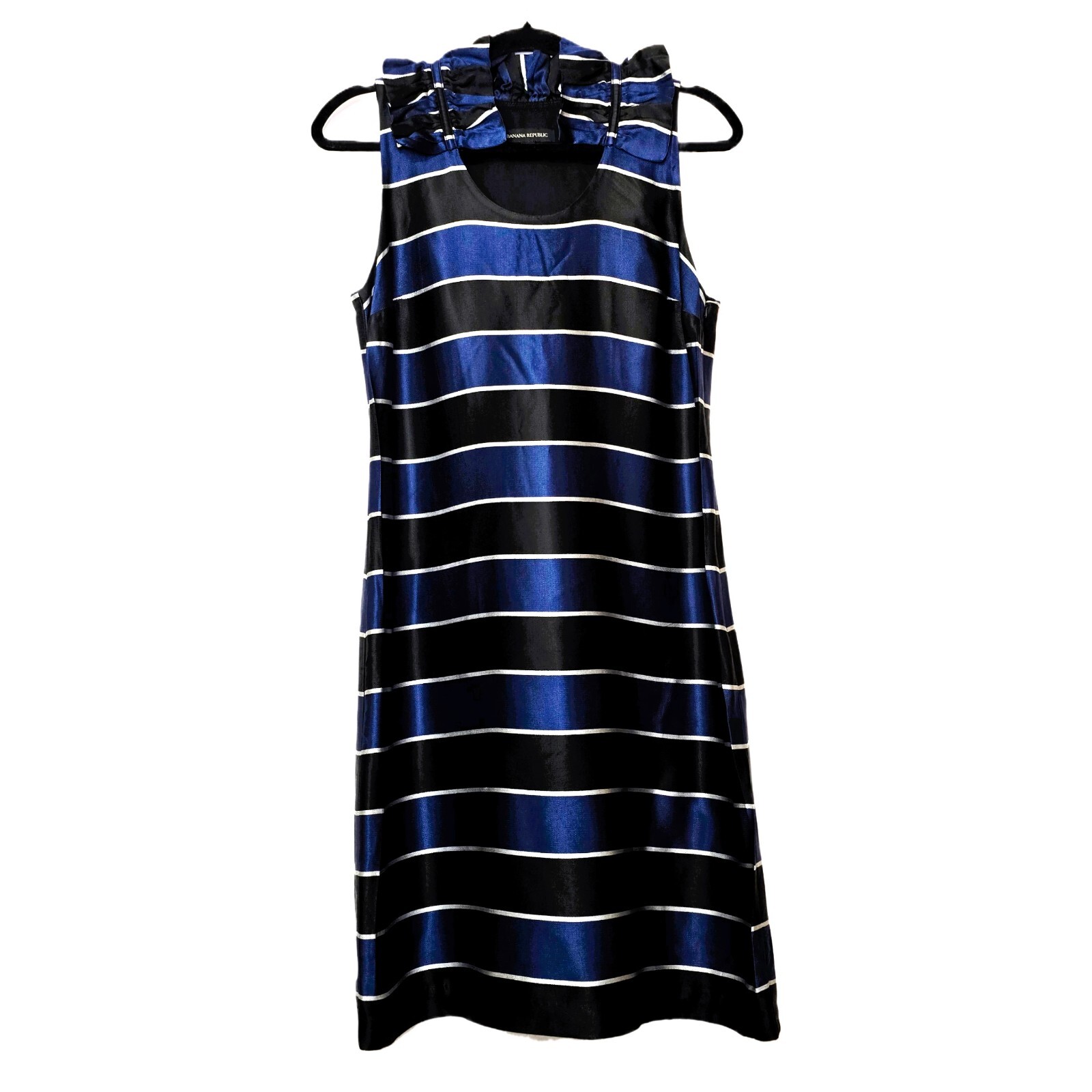 Banana Republic Women’s Size 6 Striped Shift Dress Navy Black Ruffle Neck Sleeve