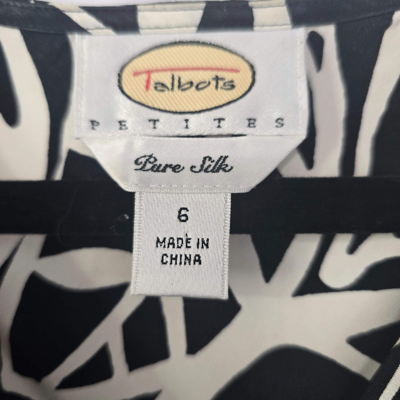 Talbots Vintage Pure Silk Cowl Neck Black White Leaf Print Sleeveless Blouse 6P