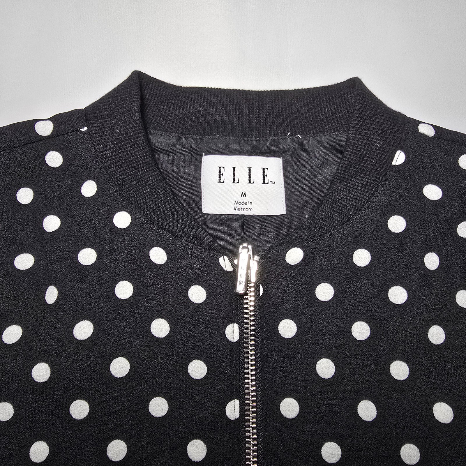 ELLE Womens Black White Polka Dot Bomber Jacket Medium Full Zip Pockets Lined