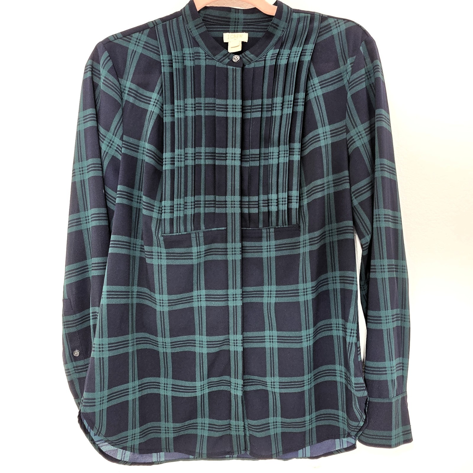 J.Crew Factory Women’s Navy Green Plaid Pleated Front Button Down Shirt Size S