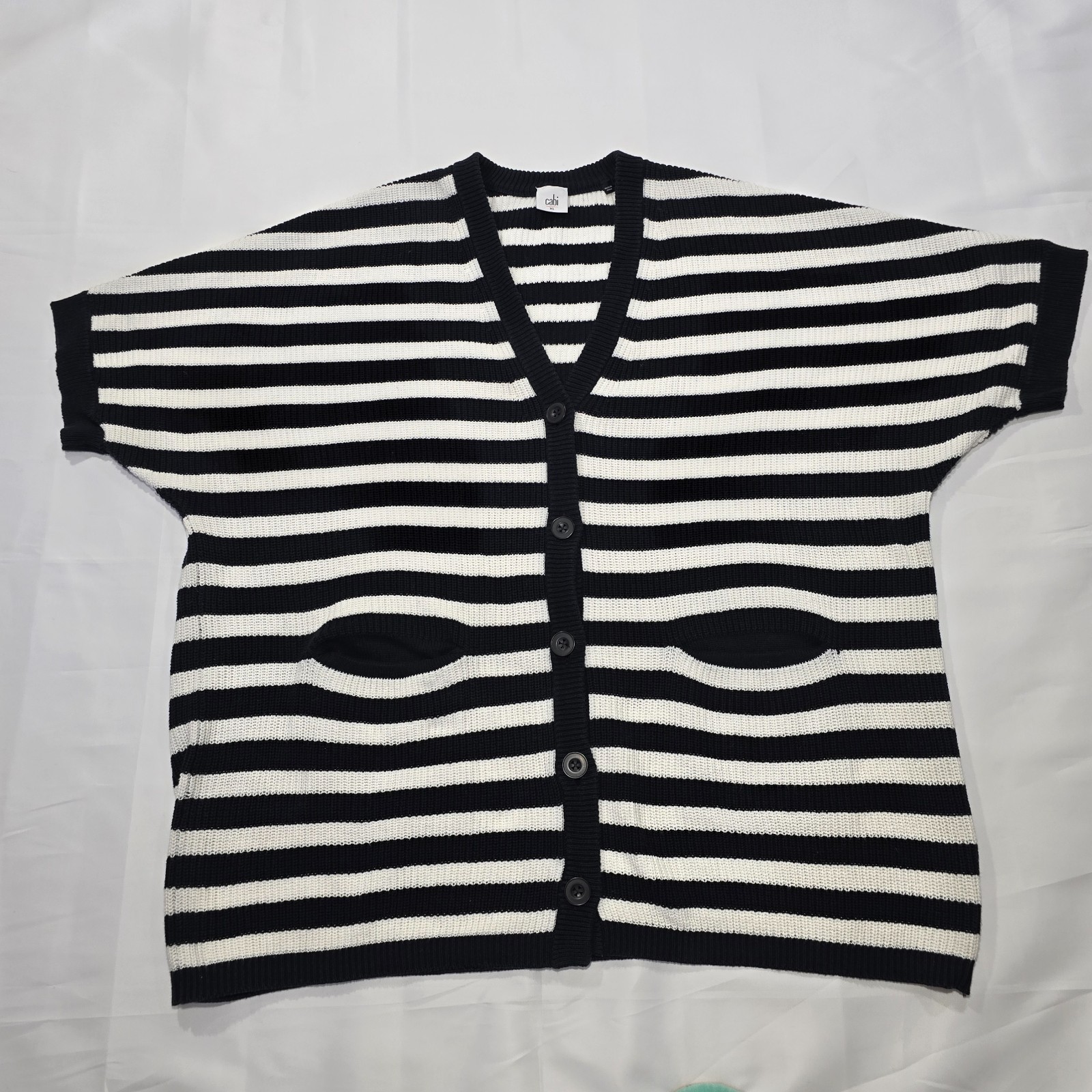 Cabi Whistle Striped Longline Short-Sleeve Cardigan XL with Pockets