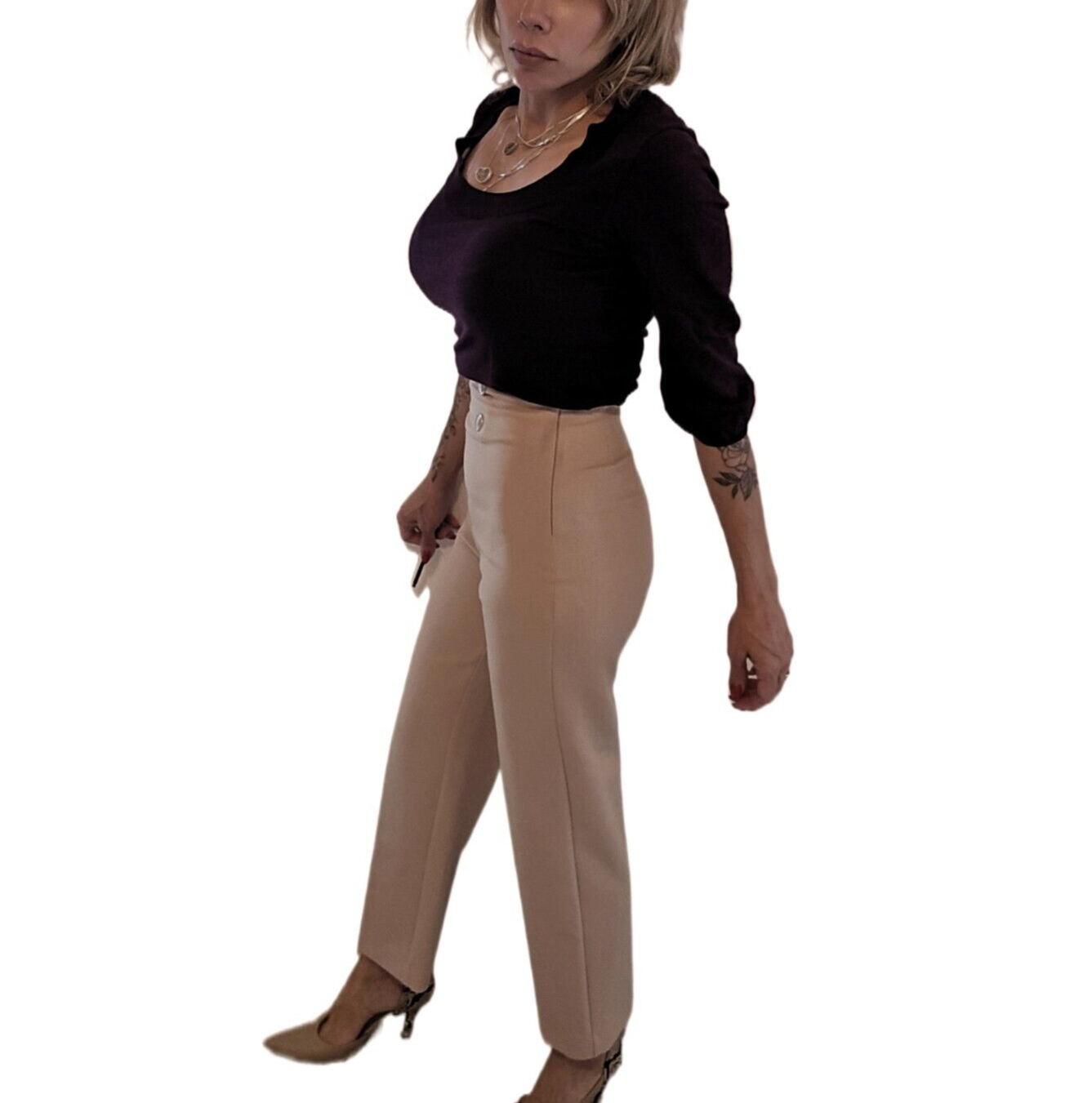 Zara Women's High Waisted Beige Trousers With Button Waist Detail - Size S