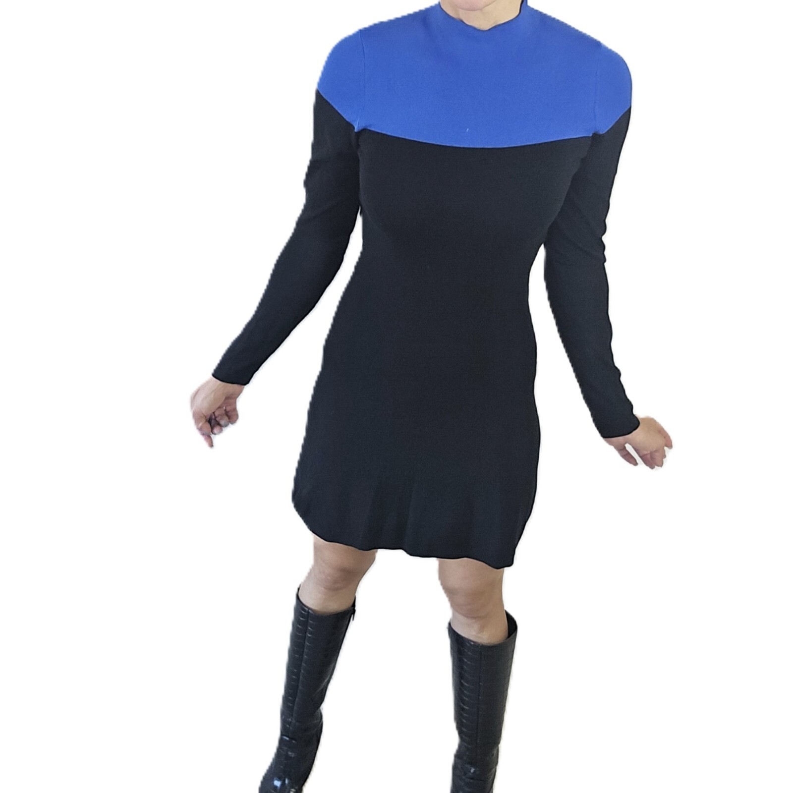 Ann Taylor Long Sleeve Dress, Size S – Black & Blue, Rayon Blend, Classic Fit