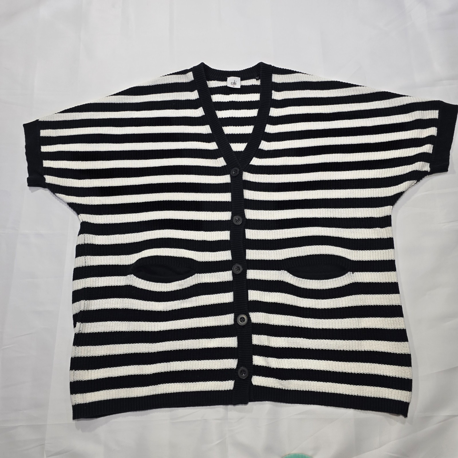 Cabi Whistle Striped Longline Short-Sleeve Cardigan XL with Pockets