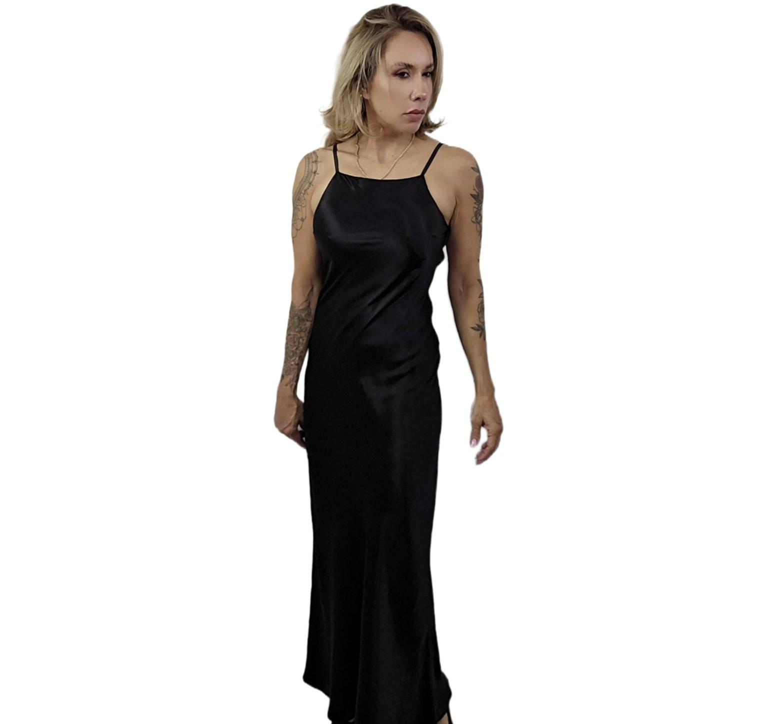 Roberta Vintage 1990s Black Satin Slip Dress Gown 5/6 Beaded Sheer Back