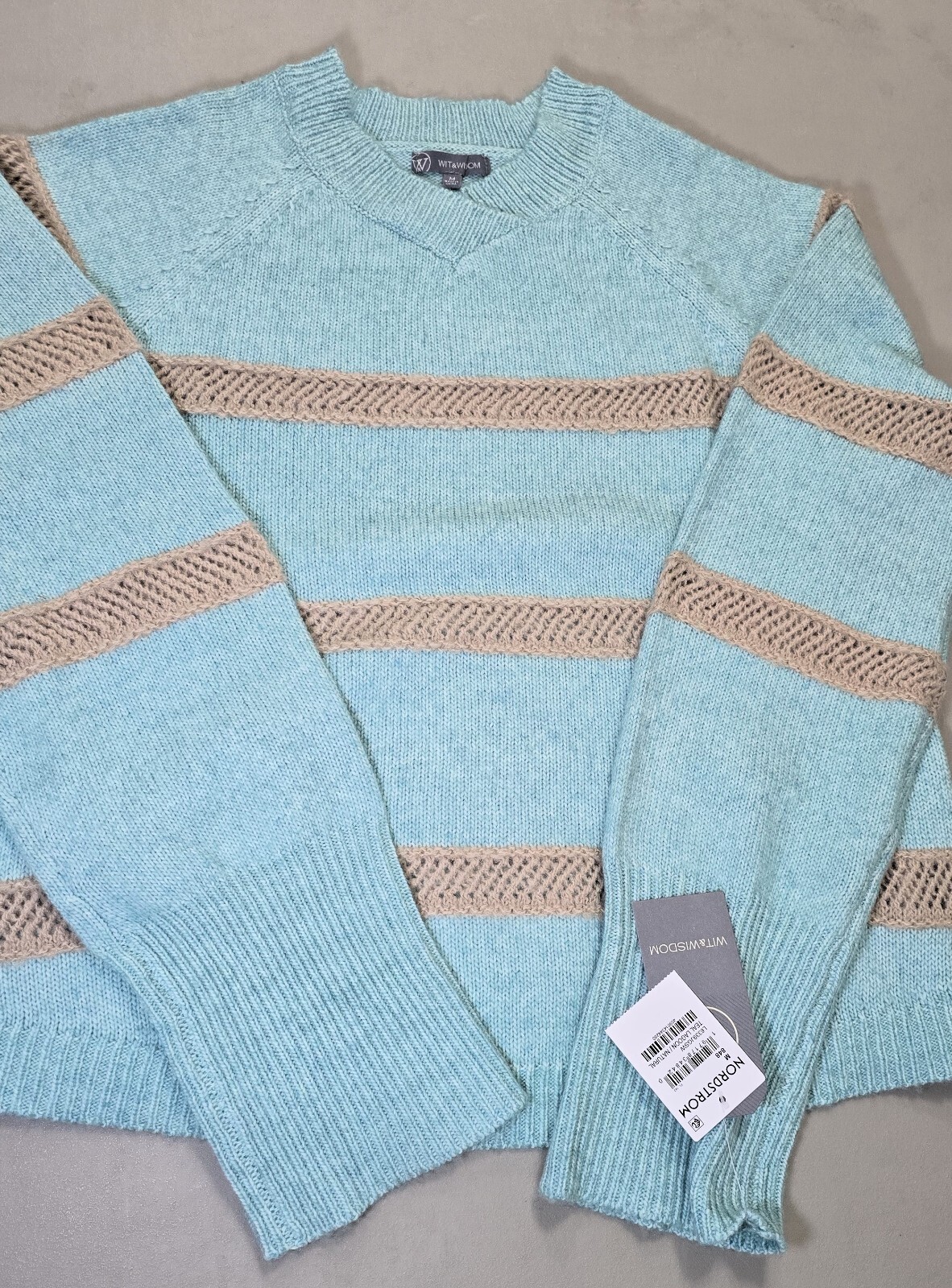 Wit & Wisdom Stripe V-Neck Sweater in Teal Lagoon/Natural - Size M