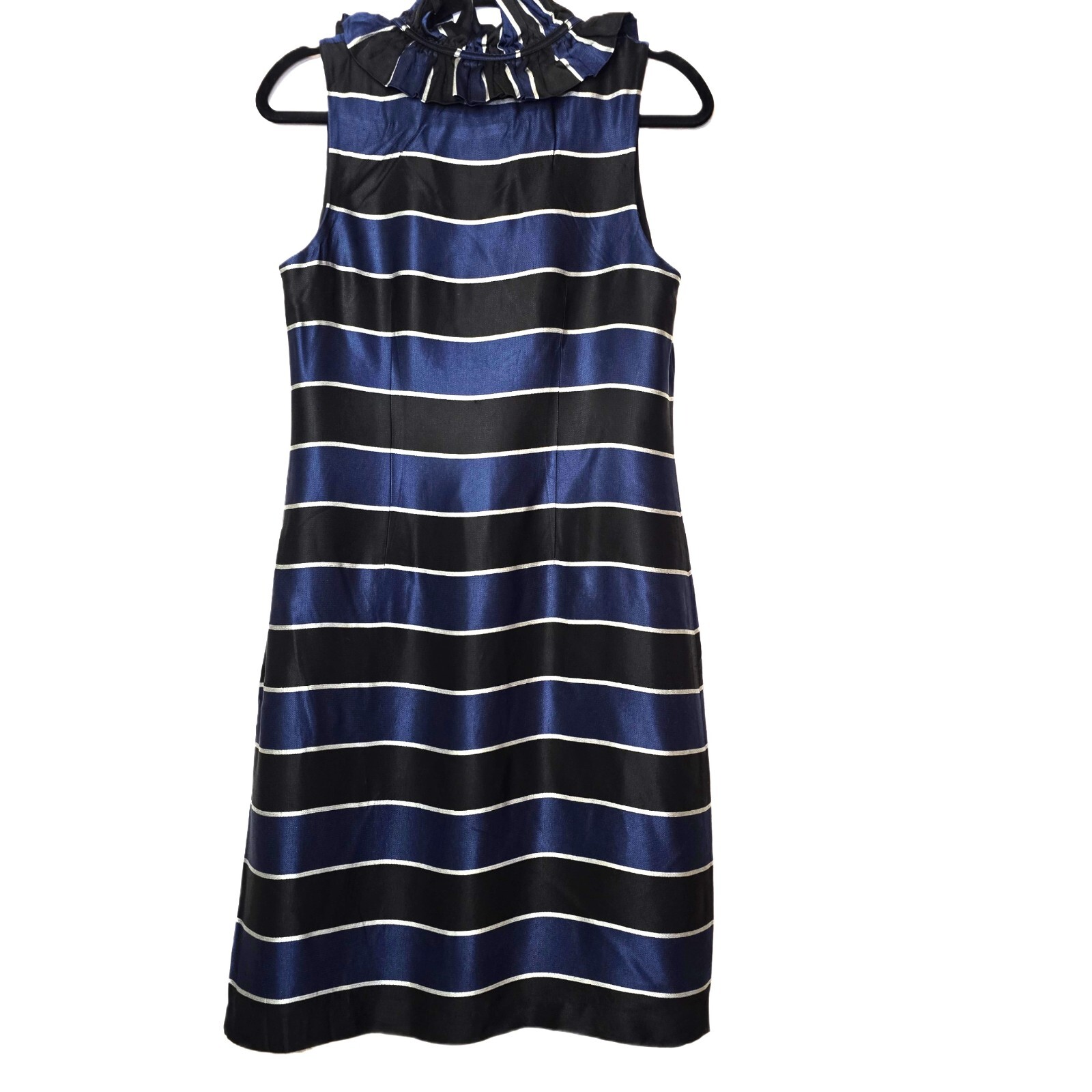 Banana Republic Women’s Size 6 Striped Shift Dress Navy Black Ruffle Neck Sleeve