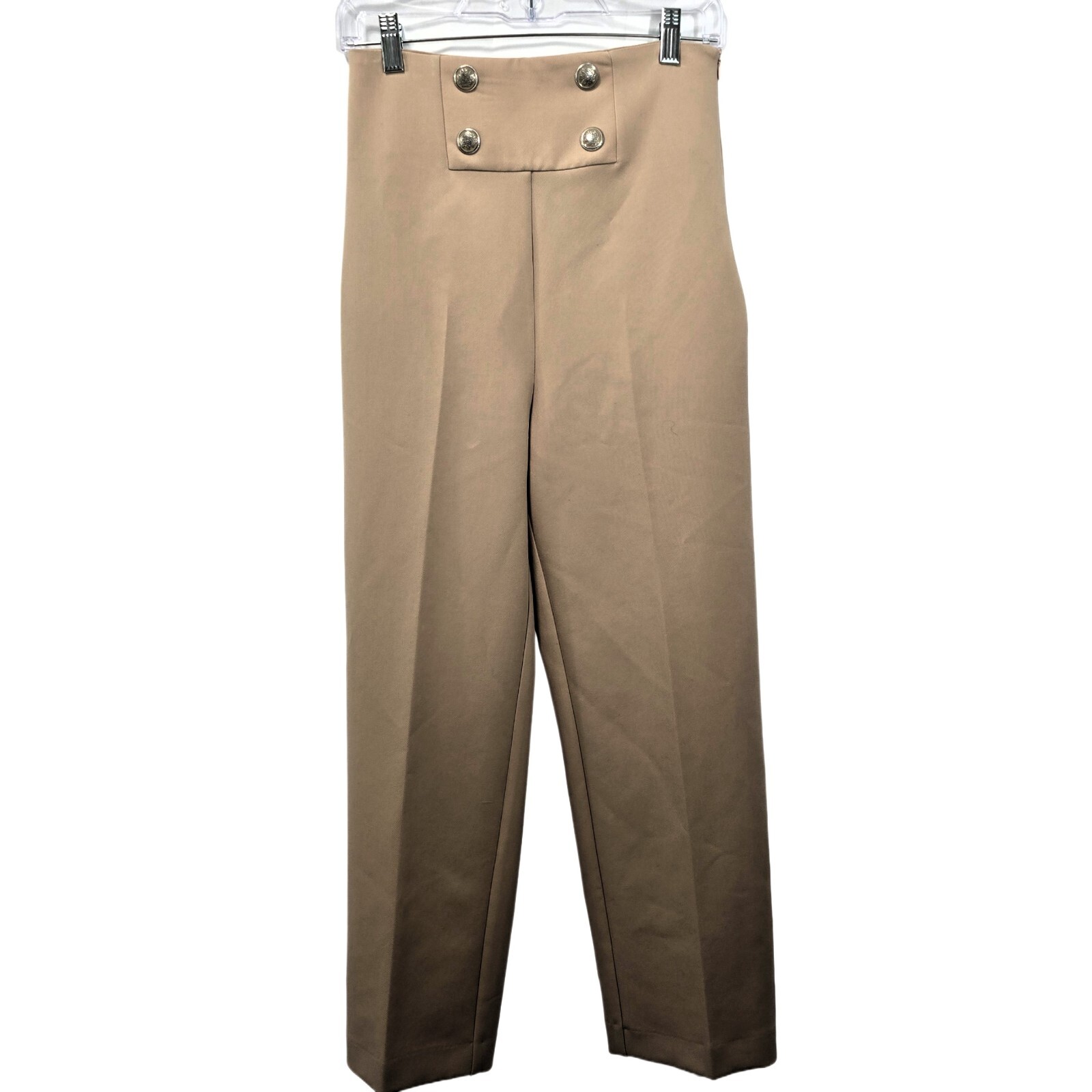 Zara Women's High Waisted Beige Trousers With Button Waist Detail - Size S