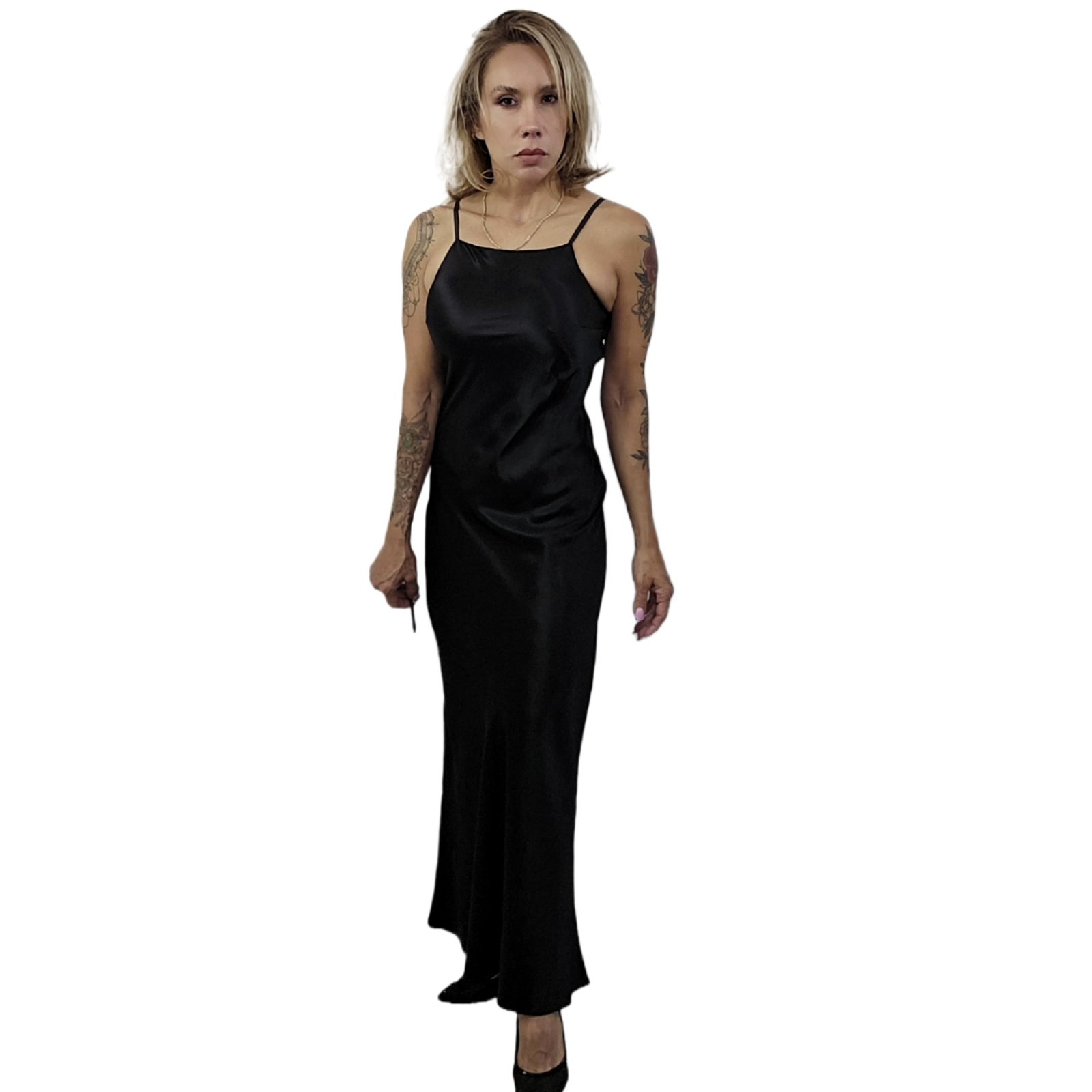 Roberta Vintage 1990s Black Satin Slip Dress Gown 5/6 Beaded Sheer Back