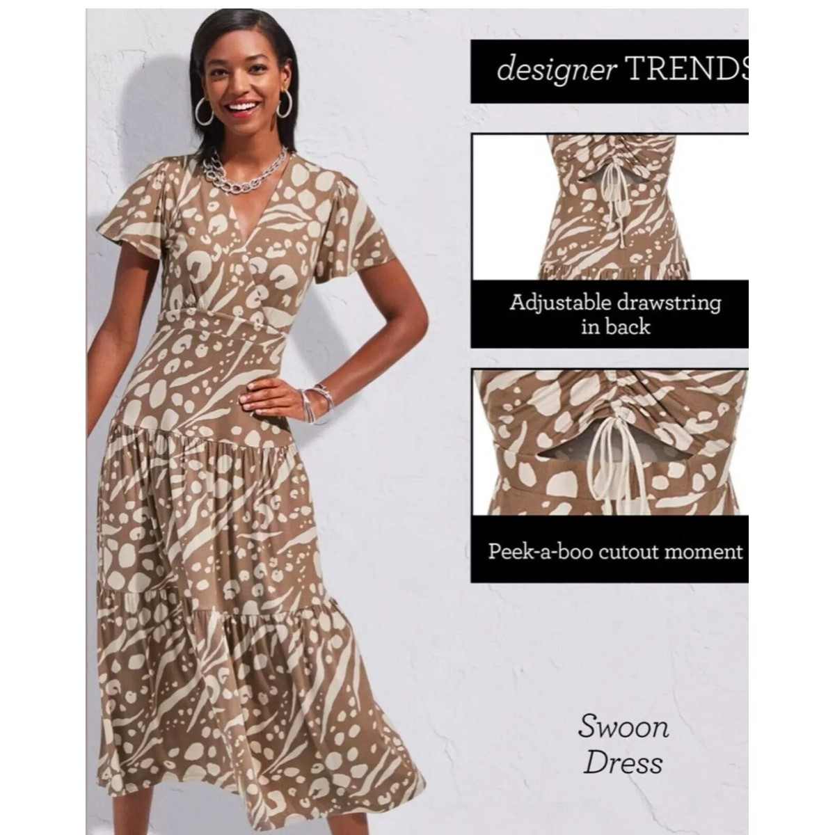 CABI Swoon Dress – Women's S – Soft Stretch Printed Tiered Midi | 6147